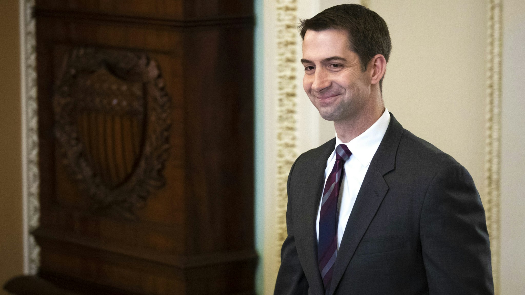 WASHINGTON, DC - JANUARY 21: Sen. Tom Cotton (R-AR) walks to the Senate floor for the start of impeachment trial proceedings at the U.S. Capitol on January 21, 2020 in Washington, DC. The Senate impeachment trial of U.S. President Donald Trump resumes on Tuesday.