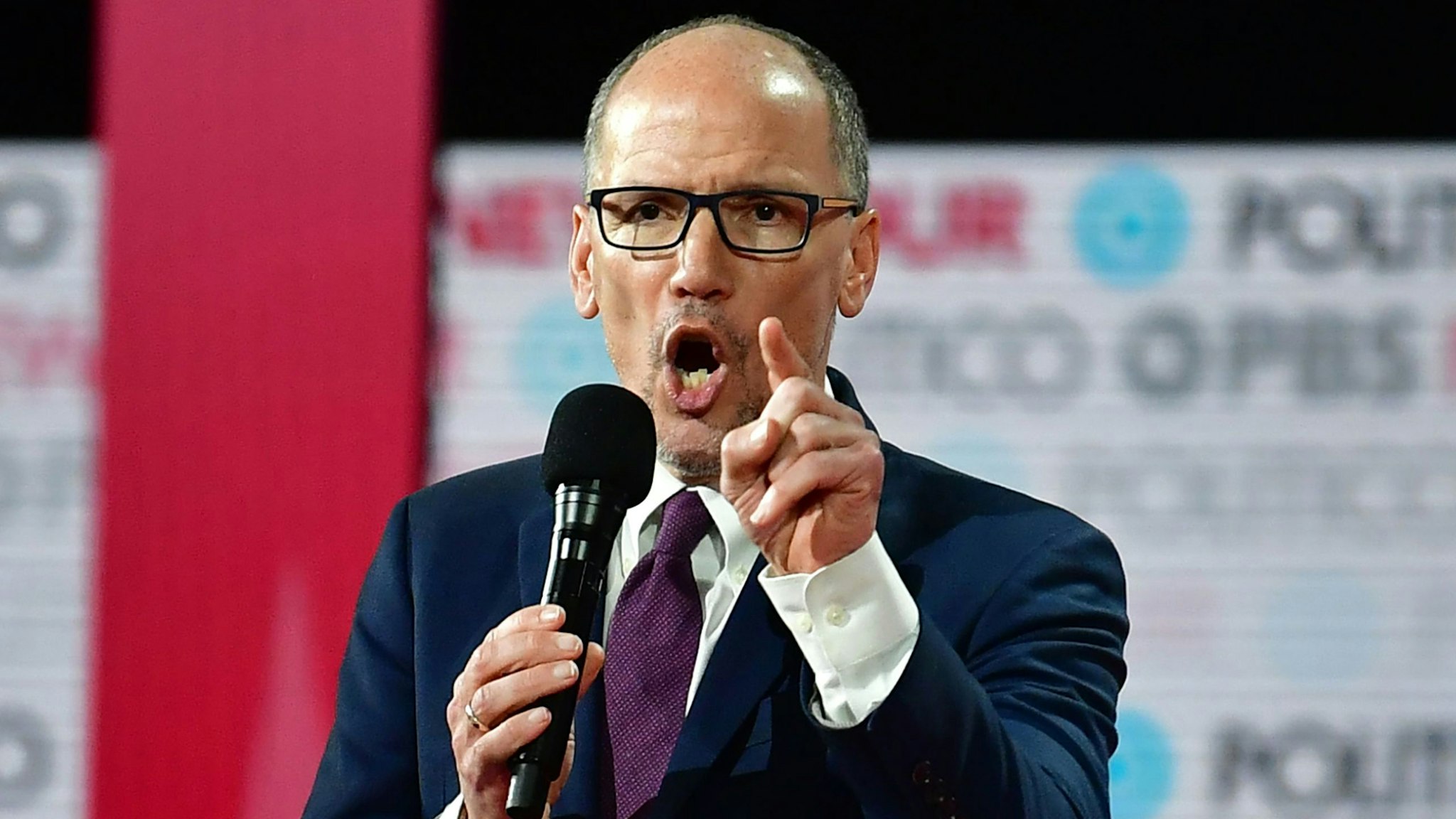 Chair of the Democratic National Committee Tom Perez speaks ahead of the sixth Democratic primary debate of the 2020 presidential campaign season co-hosted by PBS NewsHour &amp; Politico at Loyola Marymount University in Los Angeles, California on December 19, 2019.