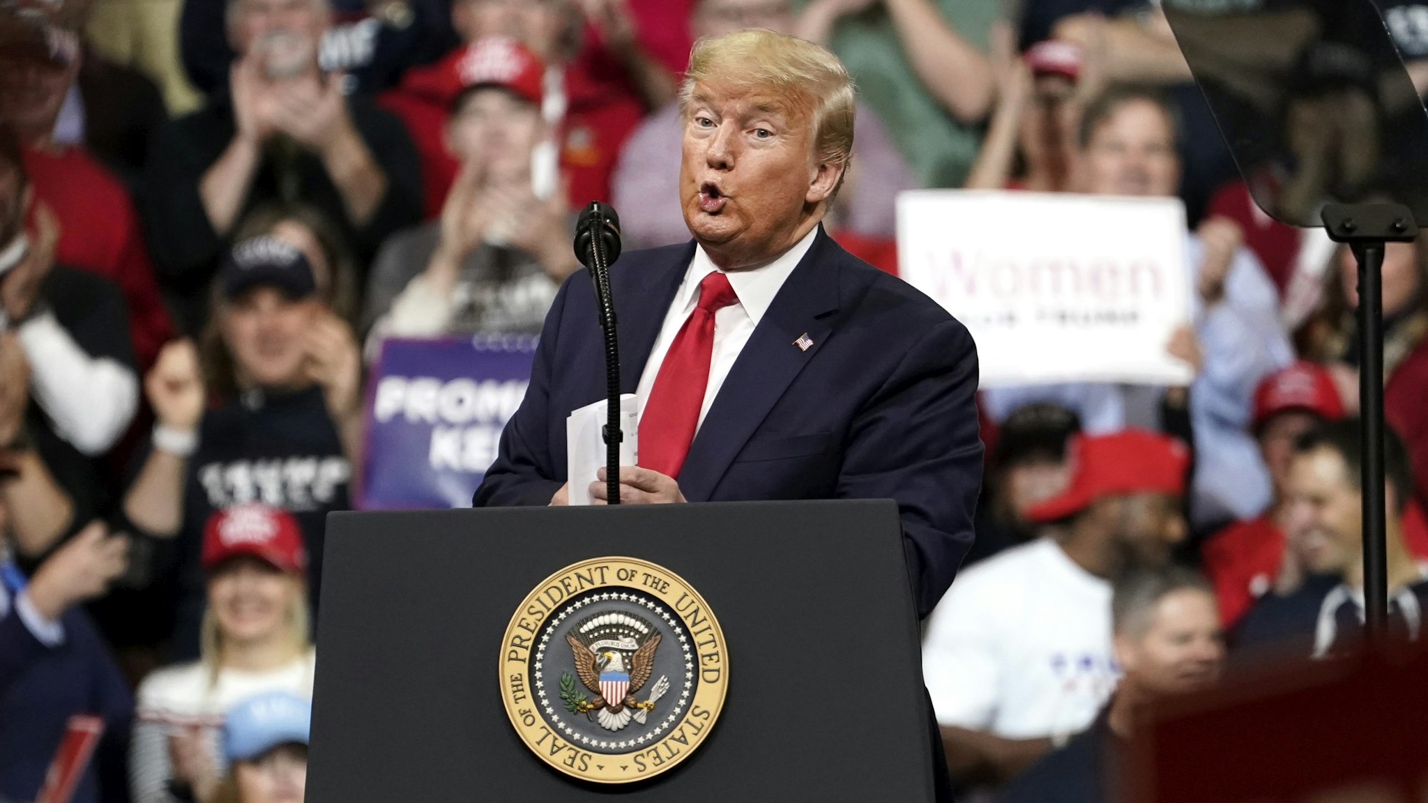 MANCHESTER, NH - FEBRUARY 10: U.S. President Donald Trump speaks at a rally at Southern New Hampshire University Arena on February 10, 2020 in Manchester, New Hampshire. New Hampshire holds its first-in-the-nation primary tomorrow.