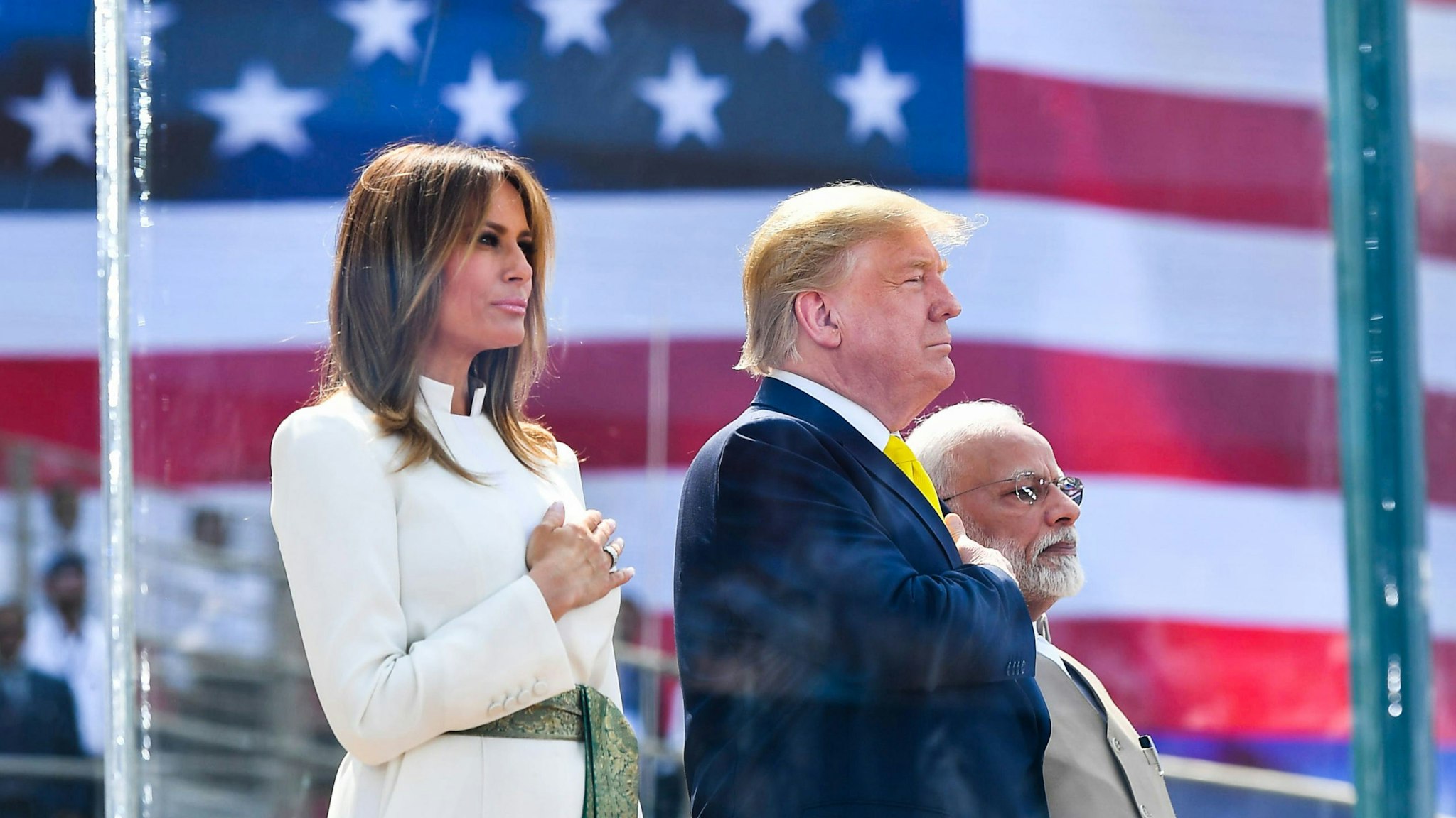 US President Donald Trump, First Lady Melania Trump and India's Prime Minister Narendra Modi attend 'Namaste Trump' rally at Sardar Patel Stadium in Motera, on the outskirts of Ahmedabad, on February 24, 2020.