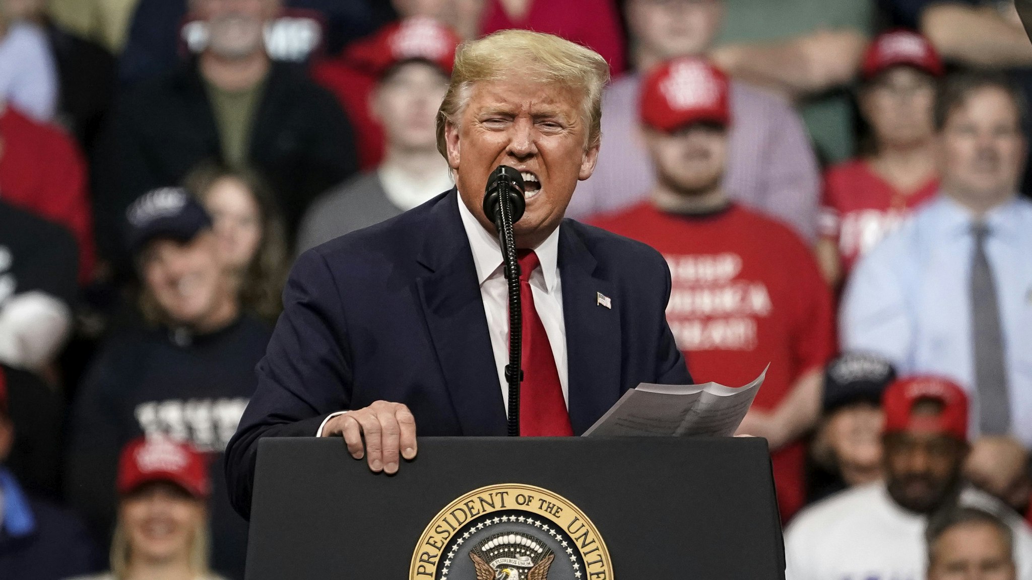 MANCHESTER, NH - FEBRUARY 10: U.S. President Donald Trump speaks at a rally at Southern New Hampshire University Arena on February 10, 2020 in Manchester, New Hampshire. New Hampshire holds its first-in-the-nation primary tomorrow.