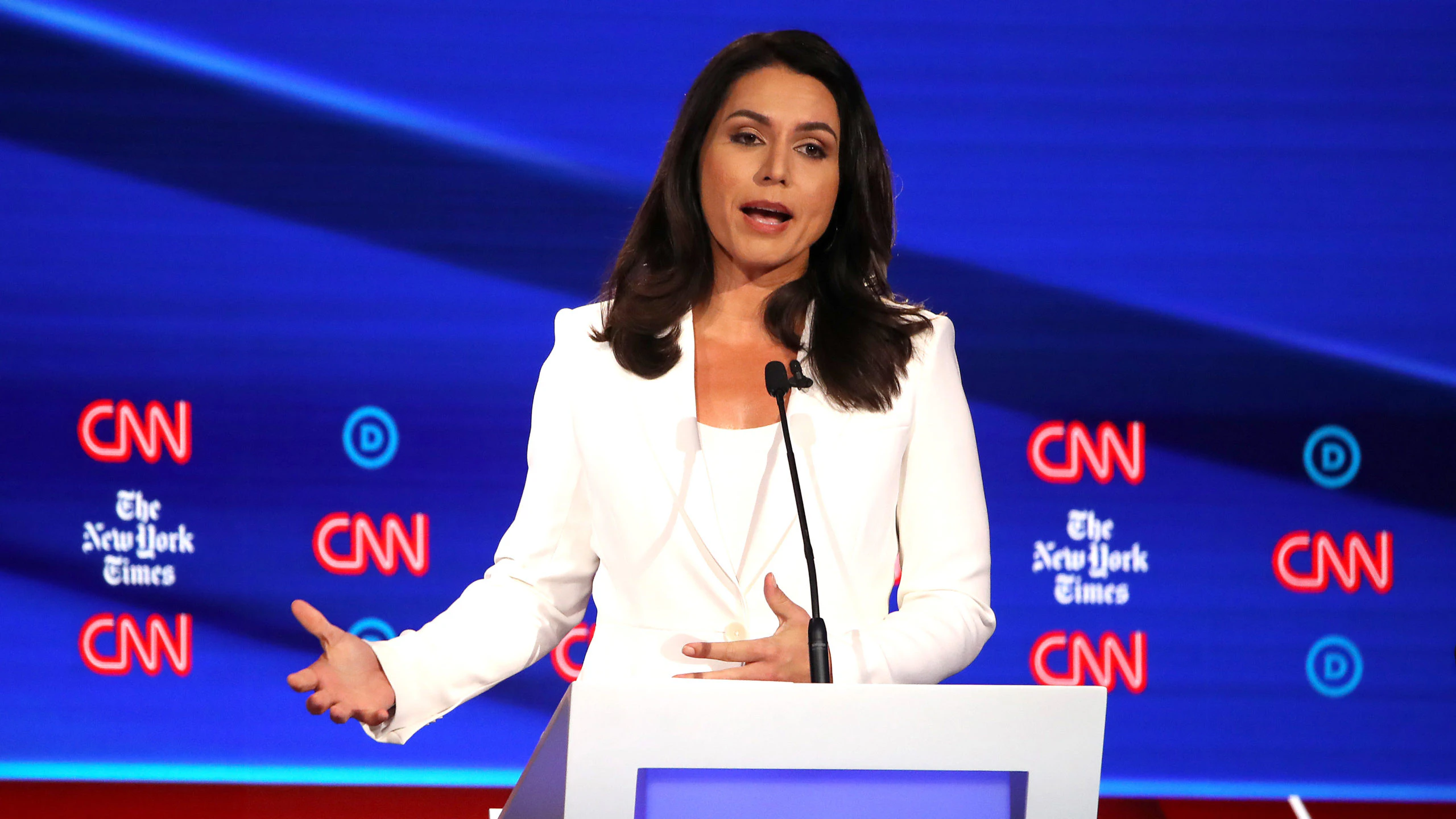 WESTERVILLE, OHIO - OCTOBER 15: Rep. Tulsi Gabbard (D-HI) speaks during the Democratic Presidential Debate at Otterbein University on October 15, 2019 in Westerville, Ohio. A record 12 presidential hopefuls are participating in the debate hosted by CNN and The New York Times.