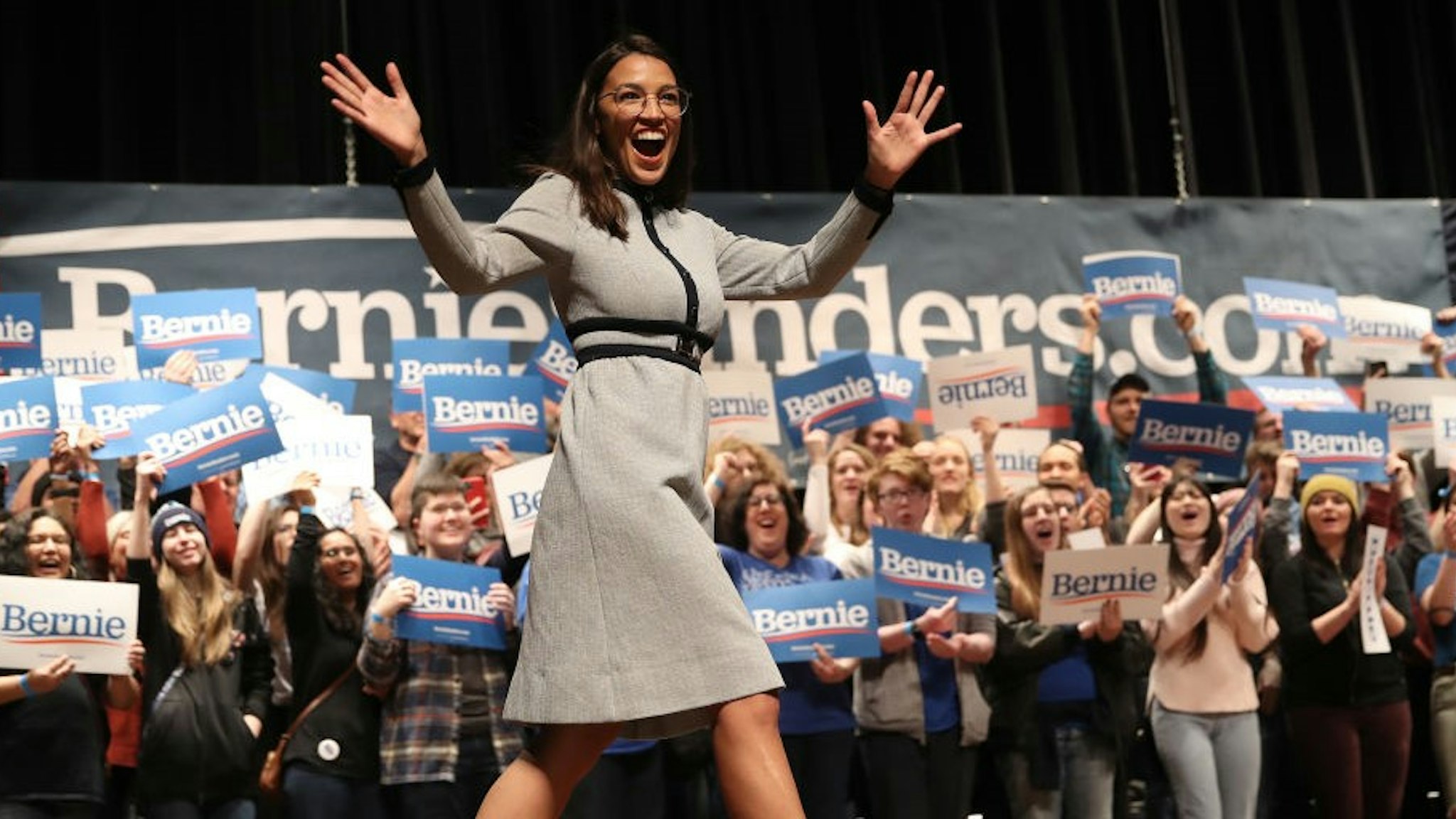 AMES, IOWA - JANUARY 25: Rep. Alexandria Ocasio-Cortez (D-NY) arrives on stage at a campaign event for Democratic presidential candidate Sen. Bernie Sanders (I-VT) at the Ames City Auditorium on January 25, 2020 in Ames, Iowa. Iowa holds the state's caucuses in nine days on February 3. (Photo by
