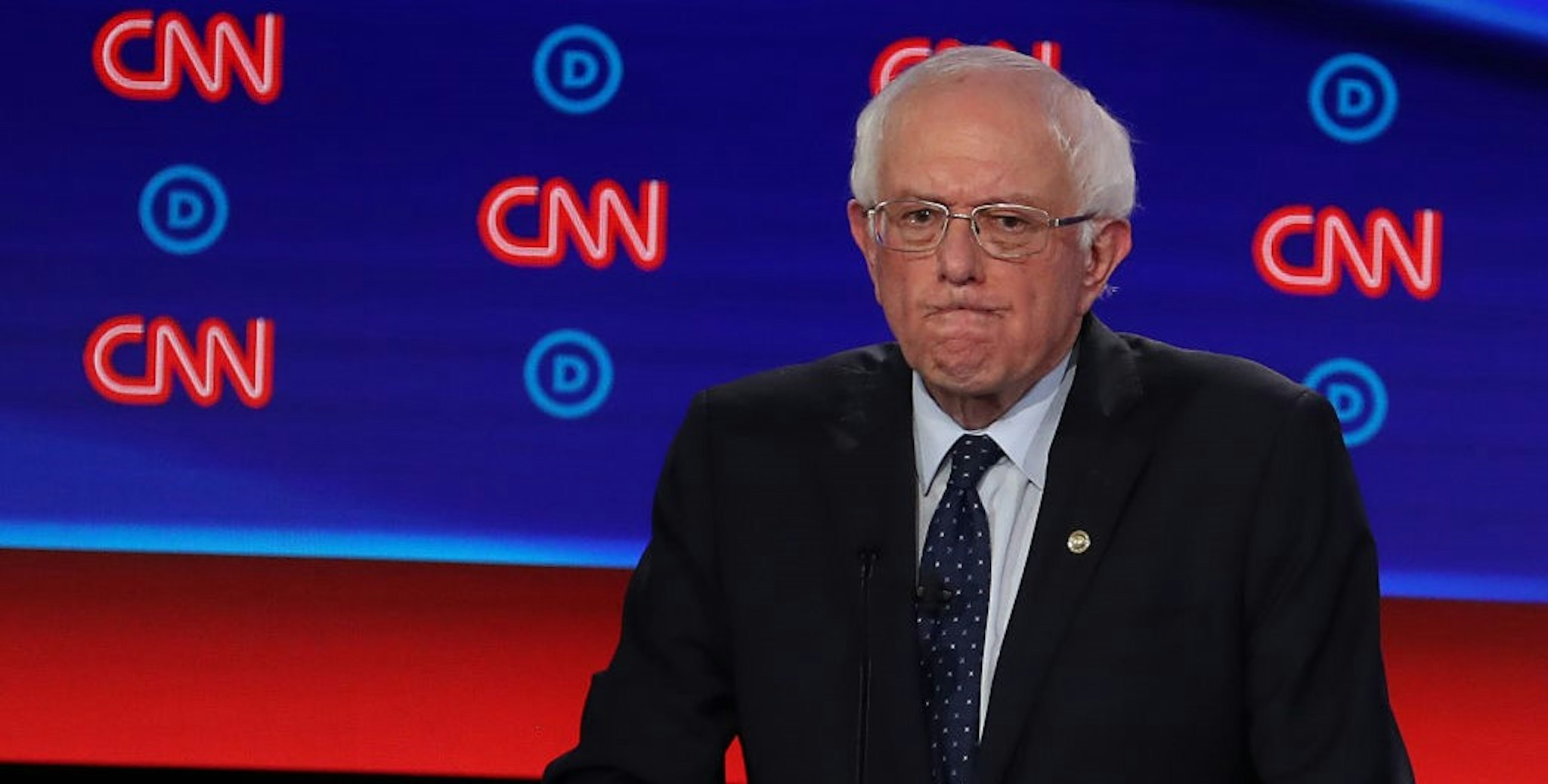 DETROIT, MICHIGAN - JULY 30: Democratic presidential candidate Sen. Bernie Sanders (I-VT) gestures during the Democratic Presidential Debate at the Fox Theatre July 30, 2019 in Detroit, Michigan. 20 Democratic presidential candidates were split into two groups of 10 to take part in the debate sponsored by CNN held over two nights at Detroit’s Fox Theatre. (Photo by