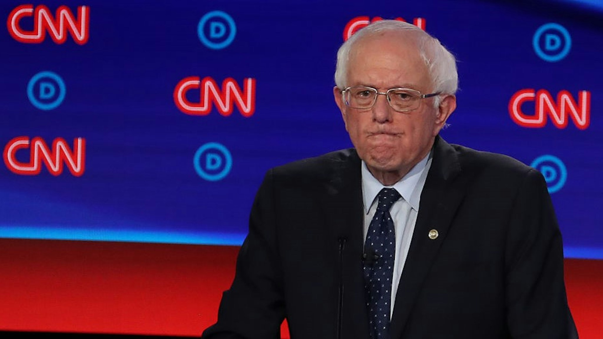 DETROIT, MICHIGAN - JULY 30: Democratic presidential candidate Sen. Bernie Sanders (I-VT) gestures during the Democratic Presidential Debate at the Fox Theatre July 30, 2019 in Detroit, Michigan. 20 Democratic presidential candidates were split into two groups of 10 to take part in the debate sponsored by CNN held over two nights at Detroit’s Fox Theatre. (Photo by