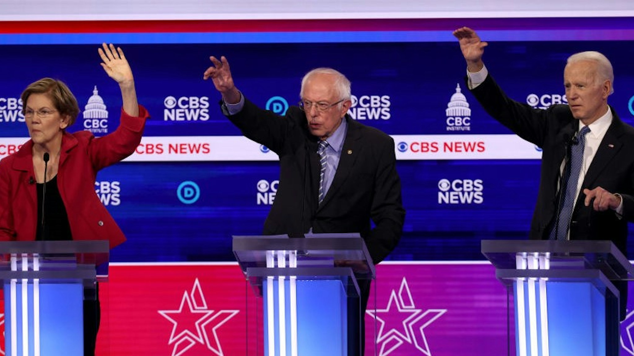 CHARLESTON, SOUTH CAROLINA - FEBRUARY 25: Democratic presidential candidates (L-R) Sen. Elizabeth Warren (D-MA), Sen. Bernie Sanders (I-VT) and former Vice President Joe Biden participate the Democratic presidential primary debate at the Charleston Gaillard Center on February 25, 2020 in Charleston, South Carolina. Seven candidates qualified for the debate, hosted by CBS News and Congressional Black Caucus Institute, ahead of South Carolina’s primary in four days. (Photo by