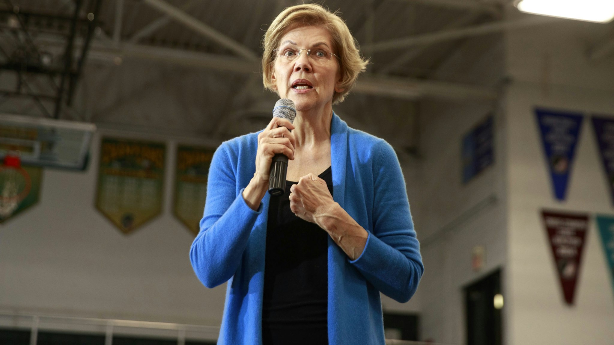 IOWA CITY, UNITED STATES - FEBRUARY 01 2020: Democratic presidential candidate Elizabeth Warren campaigns two days before the Iowa Caucus