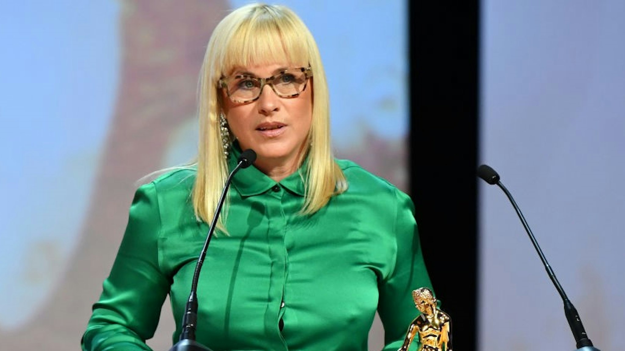 MONTE-CARLO, MONACO - JUNE 18: Patricia Arquette speaks on stage during the closing ceremony of the 59th Monte Carlo TV Festival on June 18, 2019 in Monte-Carlo, Monaco. (Photo by