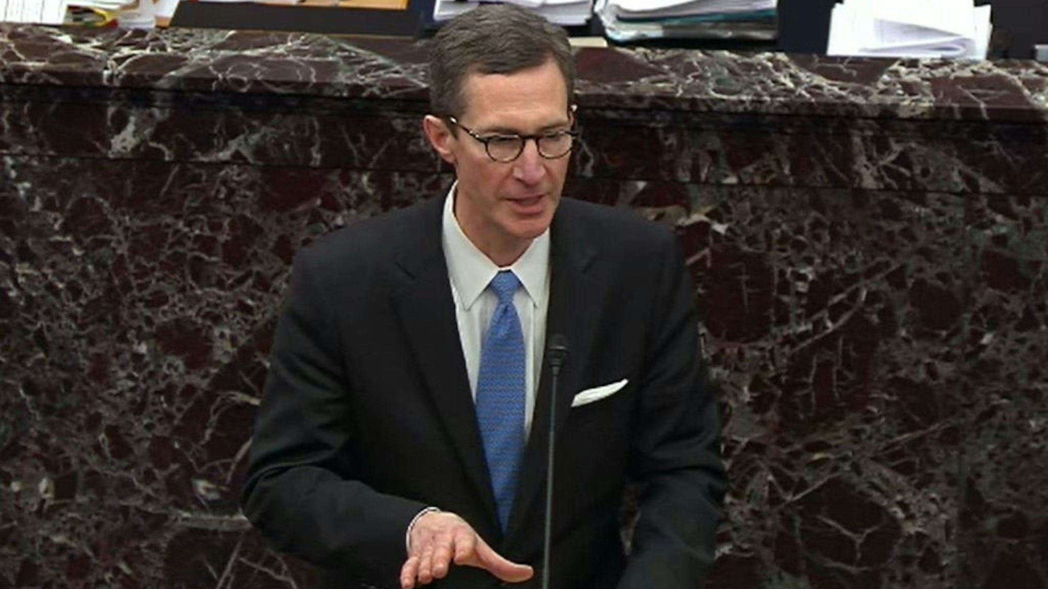 In this screengrab taken from a Senate Television webcast, Counsel for President Trump Patrick Philbin speaks during impeachment proceedings against U.S. President Donald Trump in the Senate at the U.S. Capitol on January 21, 2020 in Washington, DC. (