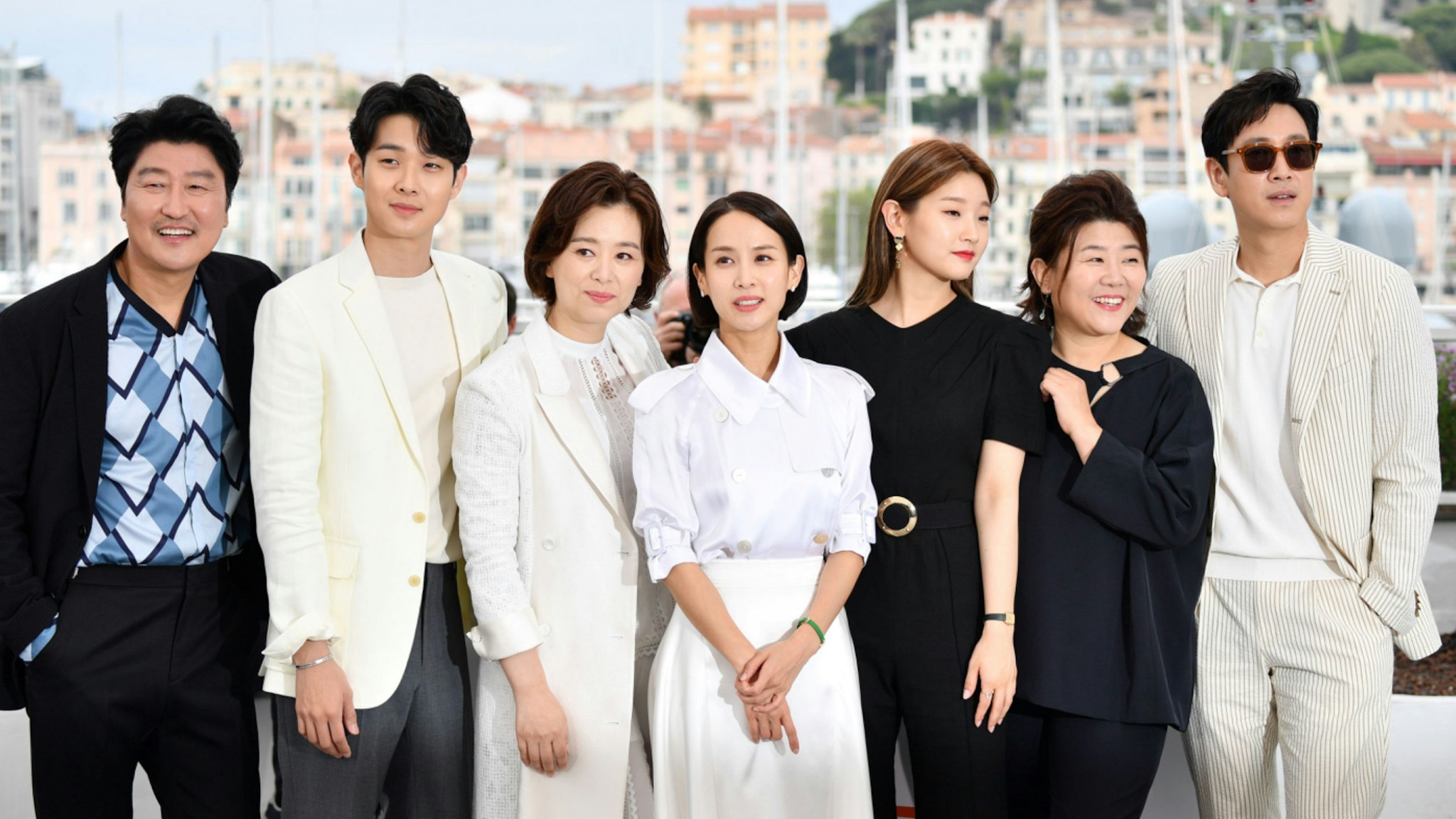 South Korean actor Kang-ho Song, South Korean actor Choi Woo-shik, South korean actress Chang Hyae-jin, South Korean actress Cho Yeo-jeong, South Korean actress Park So-dam, South Korean actress Lee Jung-Eun and South Korean actor Lee Sun-kyun pose during a photocall for the film "Parasite (Gisaengchung)" at the 72nd edition of the Cannes Film Festival in Cannes, southern France, on May 22, 2019.