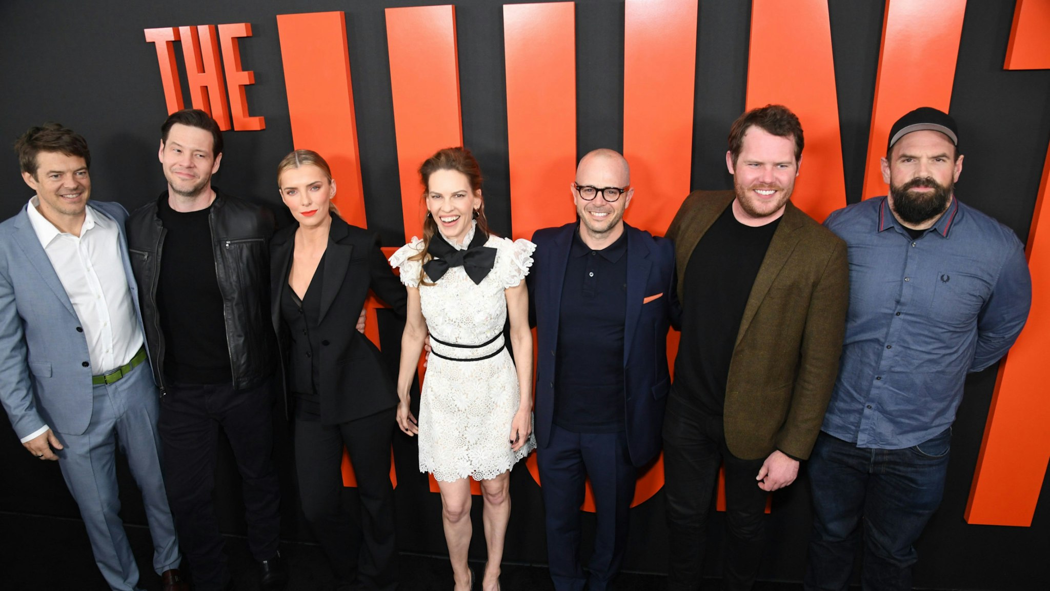 Producer Jason Blum, actors Ike Barinholtz, Betty Gilpin, Hilary Swank, producer Damon Lindelof, writer Nick Cuse and actor Ethan Suplee arrive for a special screening of Universal Pictures' "The Hunt," March 9, 2020 at the Arclight Cinema in Hollywood.