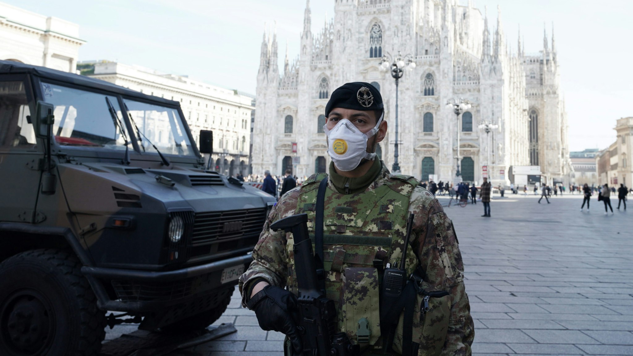 An Italian soldier is wearing a fpp3 mask in Duomo Square on February 24, 2020 in Milan, Italy. Italian government takes security measures in Lombardy Region to counter the spread of the COVID-19 coronavirus.