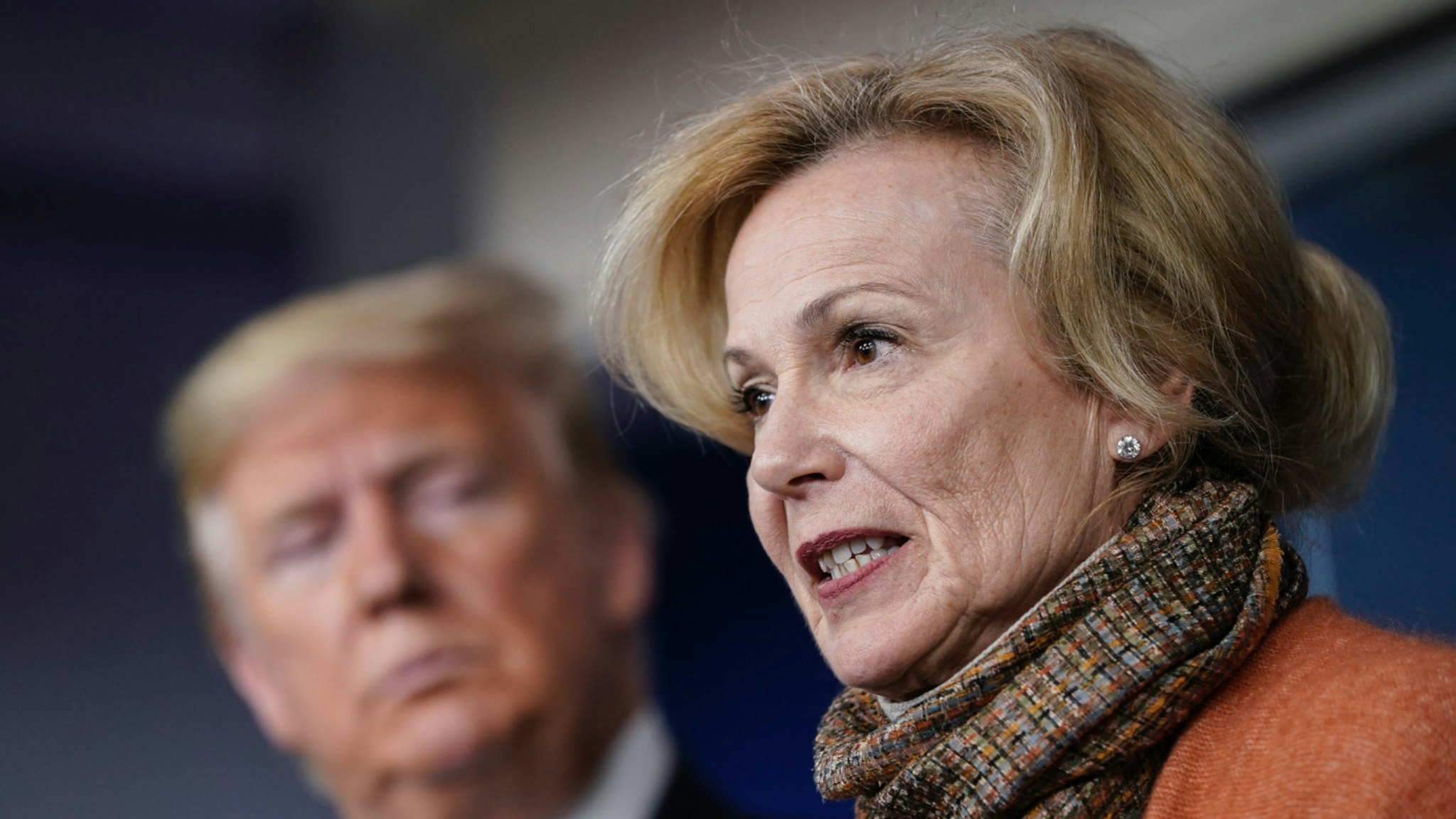 President Donald Trump looks on as White House Coronavirus Response Coordinator Dr. Deborah Birx speaks about the coronavirus outbreak in the press briefing room at the White House on March 17, 2020 in Washington, DC.
