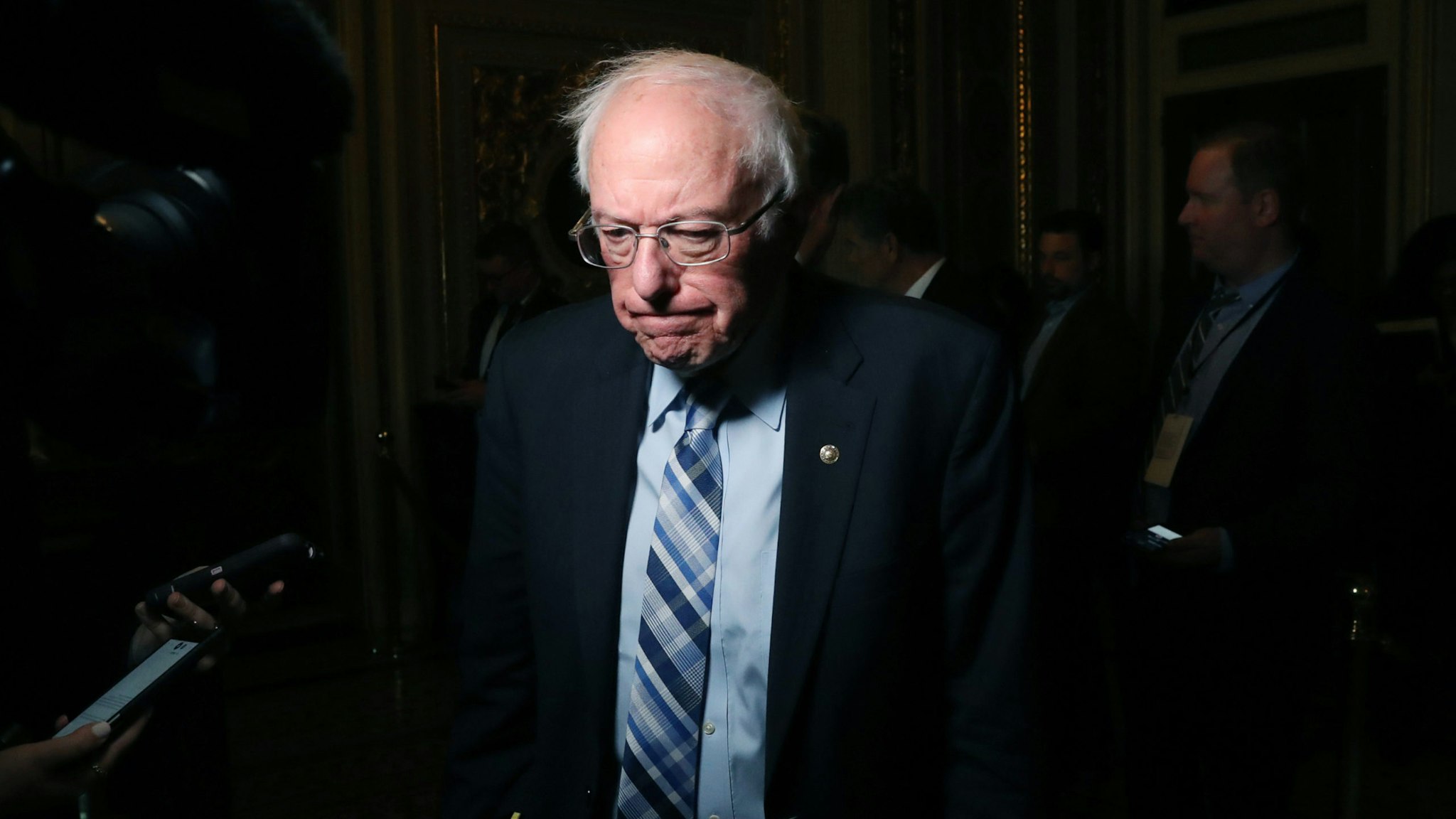Sen. Bernie Sanders (I-VT) talks to reporters at the U.S. Capitol January 21, 2020 in Washington, DC. Today marks day one of the Senate impeachment trial against President Trump.
