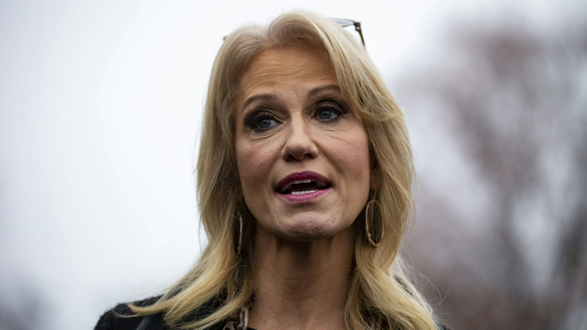 Kellyanne Conway, senior advisor to U.S. President Donald Trump, speaks to members of the media following a television interview at the White House in New York, U.S., on Friday, Dec. 14, 2018.