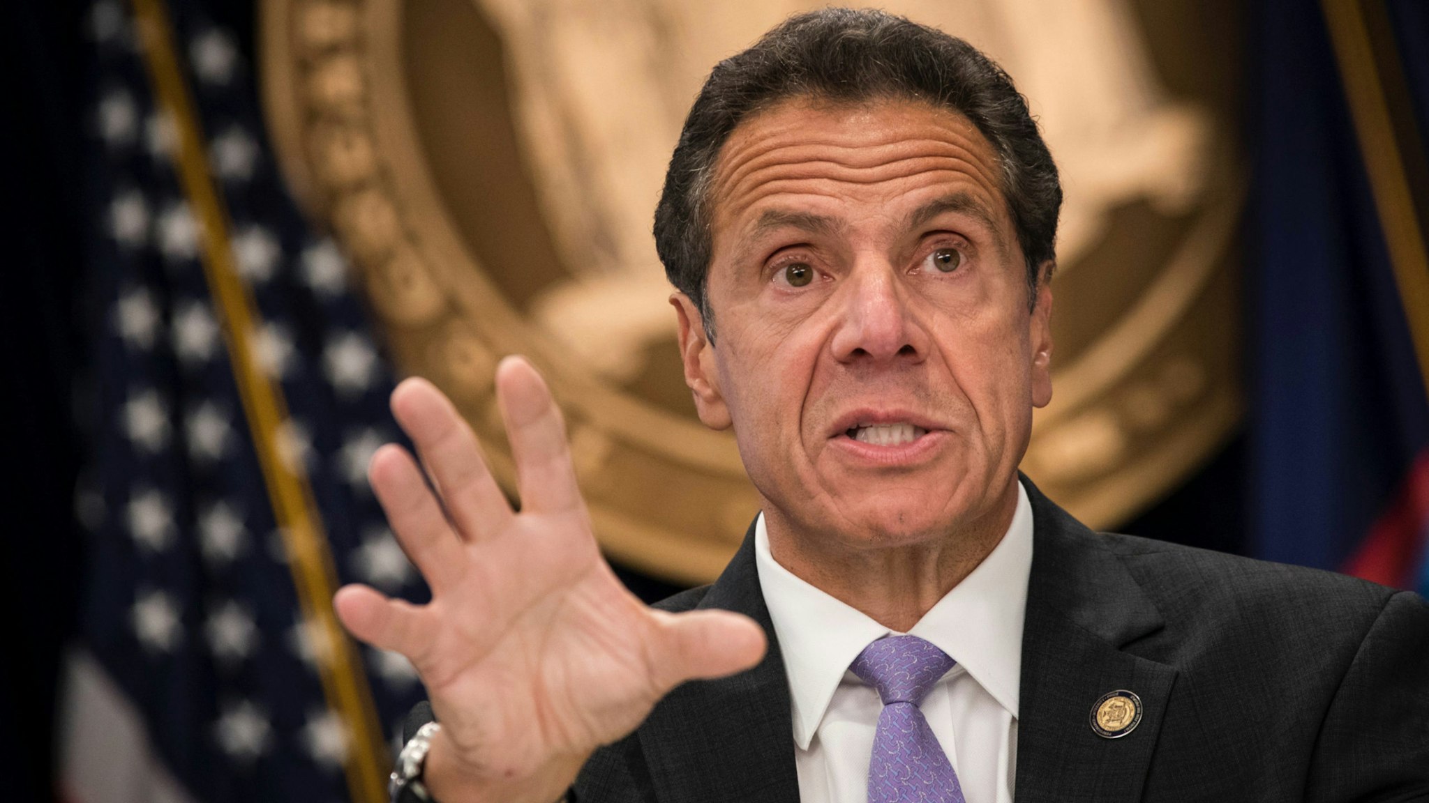 New York Governor Andrew Cuomo speaks during a press conference at his Midtown Manhattan office, September 14, 2018 in New York City.