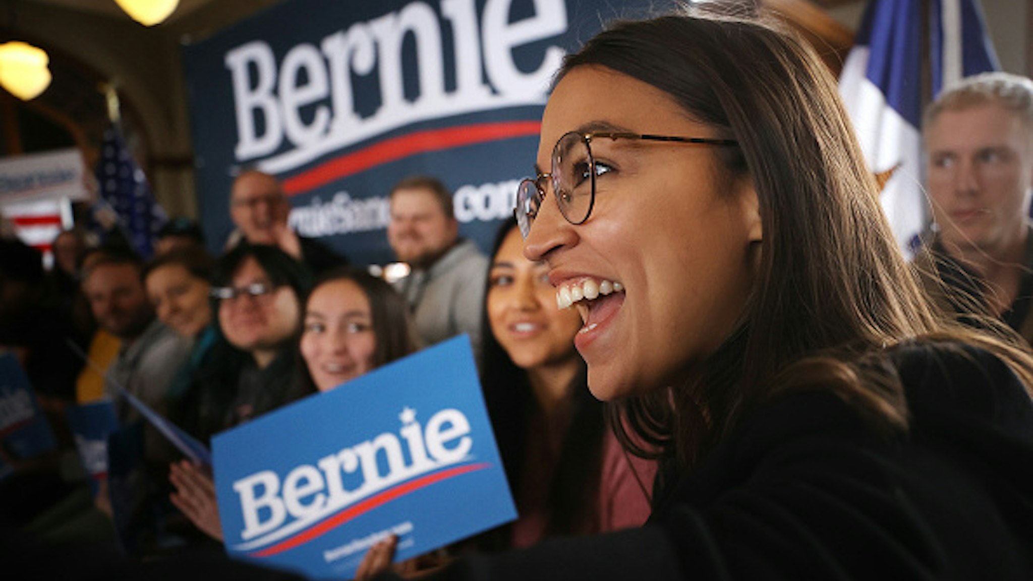 PERRY, IOWA - JANUARY 26: Rep. Alexandria Ocasio-Cortez (D-NY) arrives for a campaign event with Democratic presidential candidate Sen. Bernie Sanders (I-VT) at La Poste January 26, 2020 in Perry, Iowa. A New York Times/Siena College poll conducted January 20-23 places Sanders at the top of a long list of Democrats seeking the presidential nomination with 25-percent of likely Iowa caucus-goers naming him as their first choice. Candidates former South Bend, Indiana Mayor Pete Buttigieg, former Vice President Joe Biden and Sen. Elizabeth Warren (D-MA) are polling at 18, 17 and 15-percent, respectively.