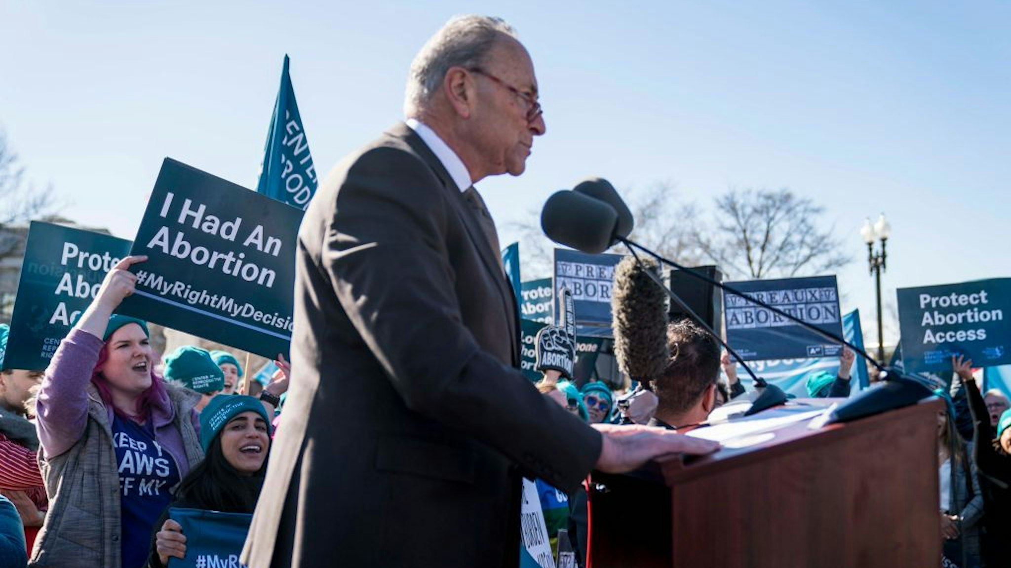 Senate Minority Leader Sen. Chuck Schumer (D-NY) speaks in an abortion rights rally outside of the Supreme Court as the justices hear oral arguments in the June Medical Services v. Russo case on March 4, 2020 in Washington, DC. The Louisiana abortion case is the first major abortion case to make it to the Supreme Court since Donald Trump became President. (Photo by Sarah Silbiger/Getty Images)