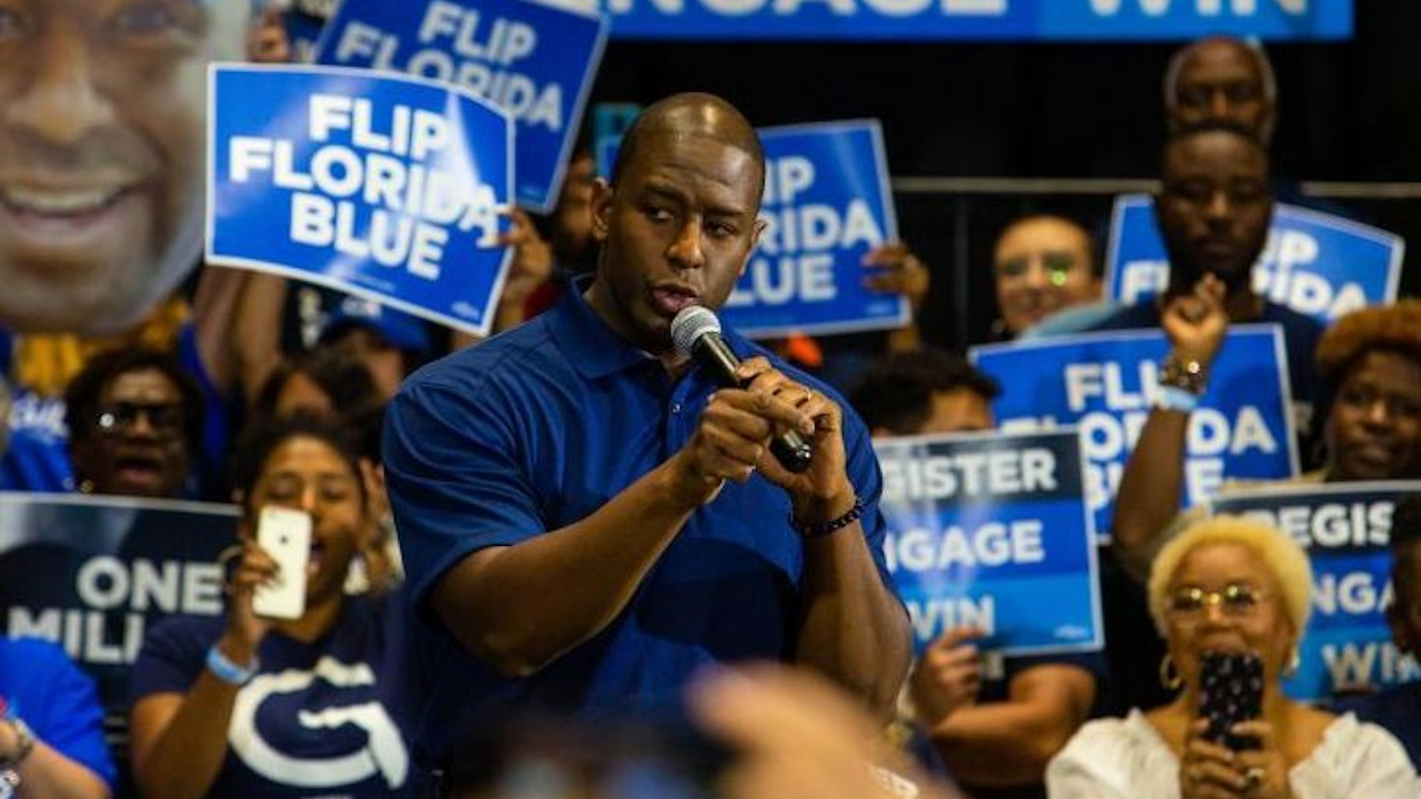 The former Florida governor candidate Andrew Gillum address the audience at a public event on March 20, 2019 in Miami Gardens, Florida. Gillum proposes to launch a 1 million Florida voter-registration campaign. (Photo by Saul Martinez/Getty Images)