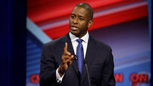Florida Democratic gubernatorial candidate Andrew Gillum speaks during a CNN debate against his Republican opponent Ron DeSantis, Sunday, Oct. 21, 2018, in Tampa, Fla. (Photo by Chris O'Meara-Pool/Getty Images)