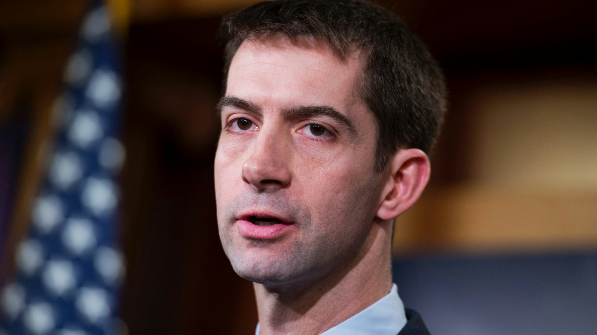 Sen. Tom Cotton, R-Ark., speaks during a news conference in the Capitol's Senate studio on the possibility of arming the Ukrainians in their conflict with Russian-backed rebels, February 5, 2015.