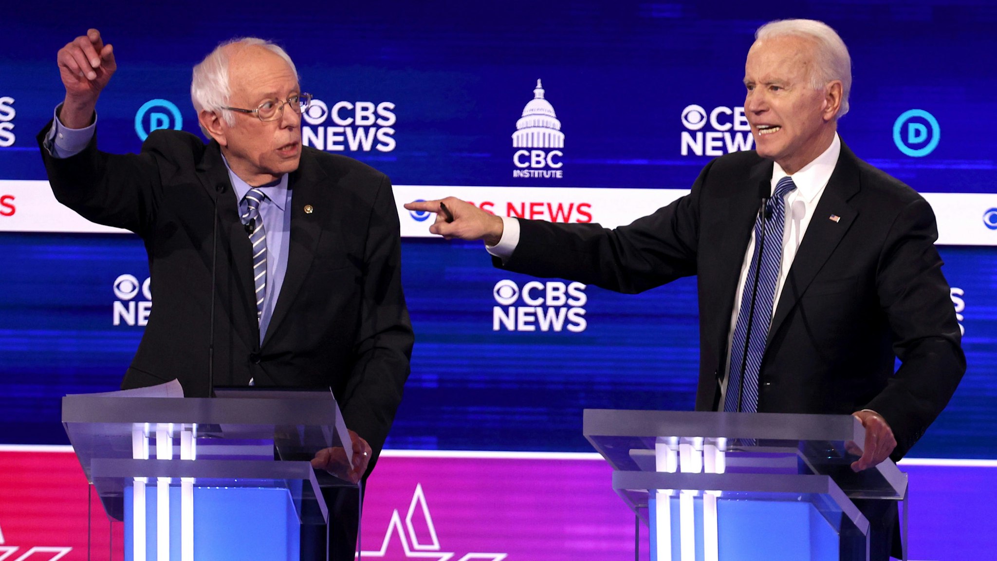 CHARLESTON, SOUTH CAROLINA - FEBRUARY 25: Democratic presidential candidate former Vice President Joe Biden speaks as Sen. Bernie Sanders (I-VT) (L) looks on during the Democratic presidential primary debate at the Charleston Gaillard Center on February 25, 2020 in Charleston, South Carolina. Seven candidates qualified for the debate, hosted by CBS News and Congressional Black Caucus Institute, ahead of South Carolina’s primary in four days.