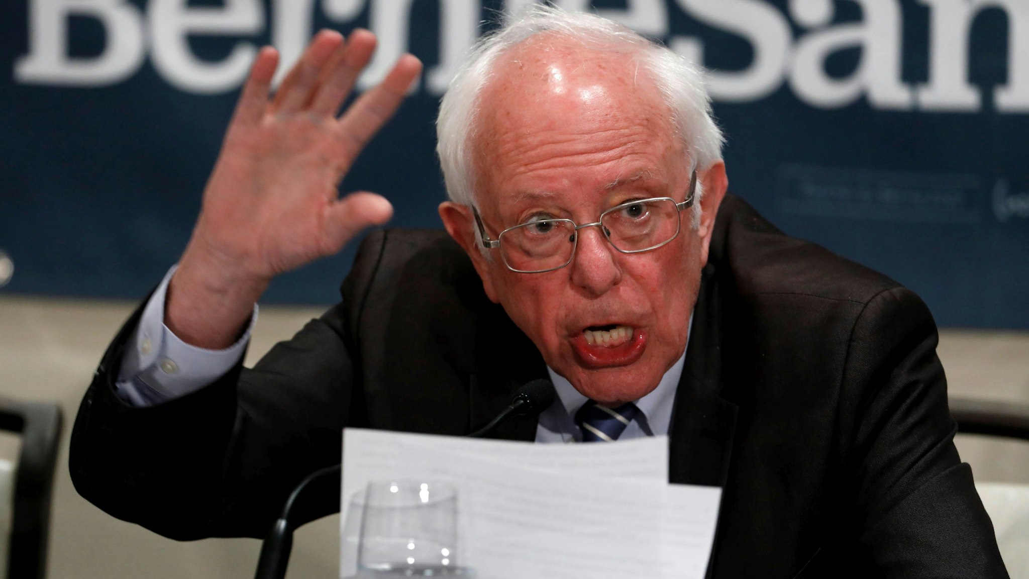 Democratic presidential hopeful Bernie Sanders speaks at a Coronavirus Public Health Roundtable at the Westin Detroit Metropolitan Airport in Romulus, Michigan, on March 9, 2020. - The United States has recorded at least 22 deaths from the coronavirus and 607 confirmed cases, according to a Johns Hopkins tally.