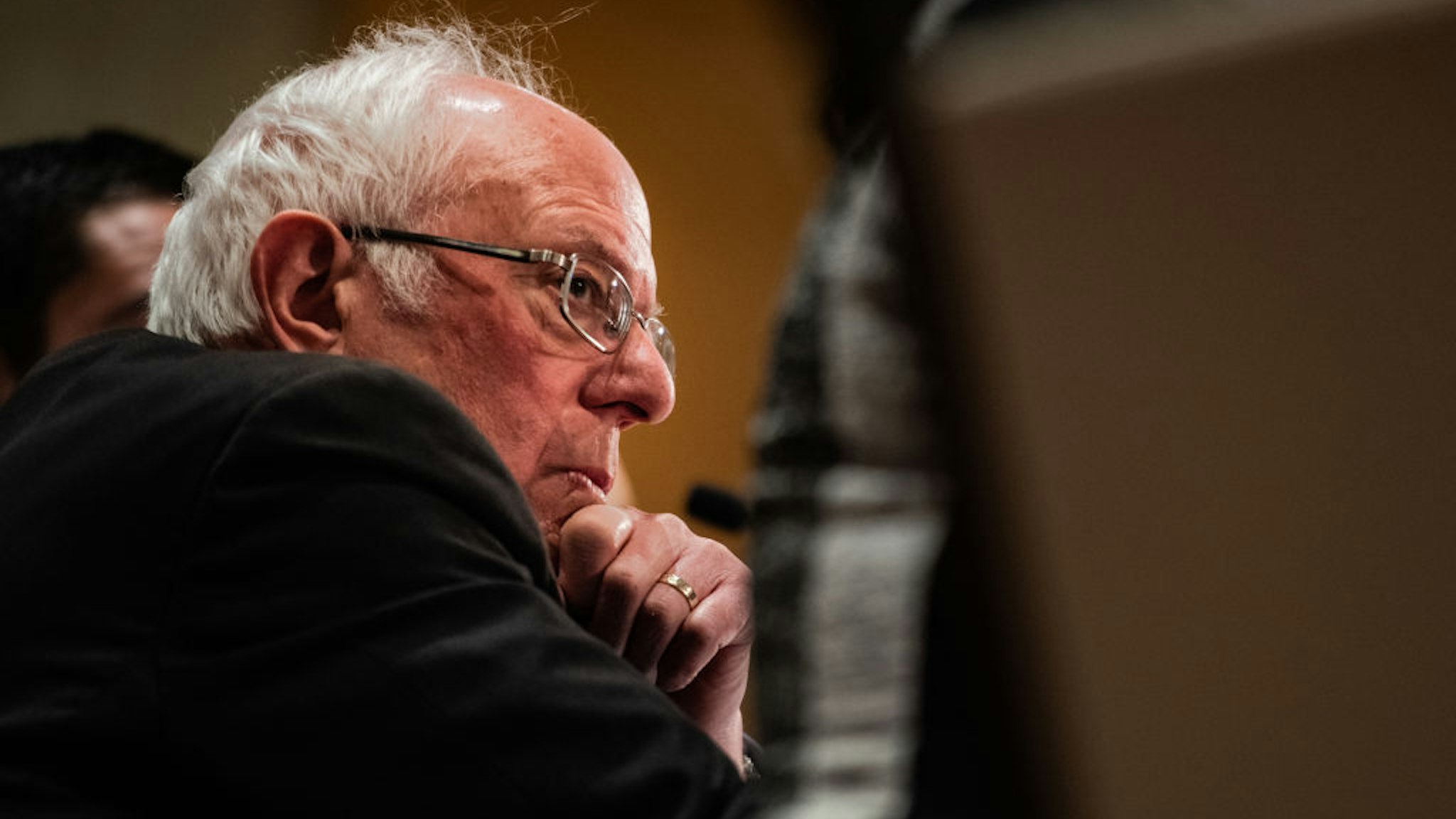 Sen. Bernie Sanders, I-Vt., U.S. 2020 Democratic Presidential Candidate listens during the Coronavirus Public Health roundtable press conference at Westing Detroit Metropolitan Airport on Monday, March 9, 2020 in Romulus, MI. (Photo by Salwan Georges/The Washington Post via Getty Images)