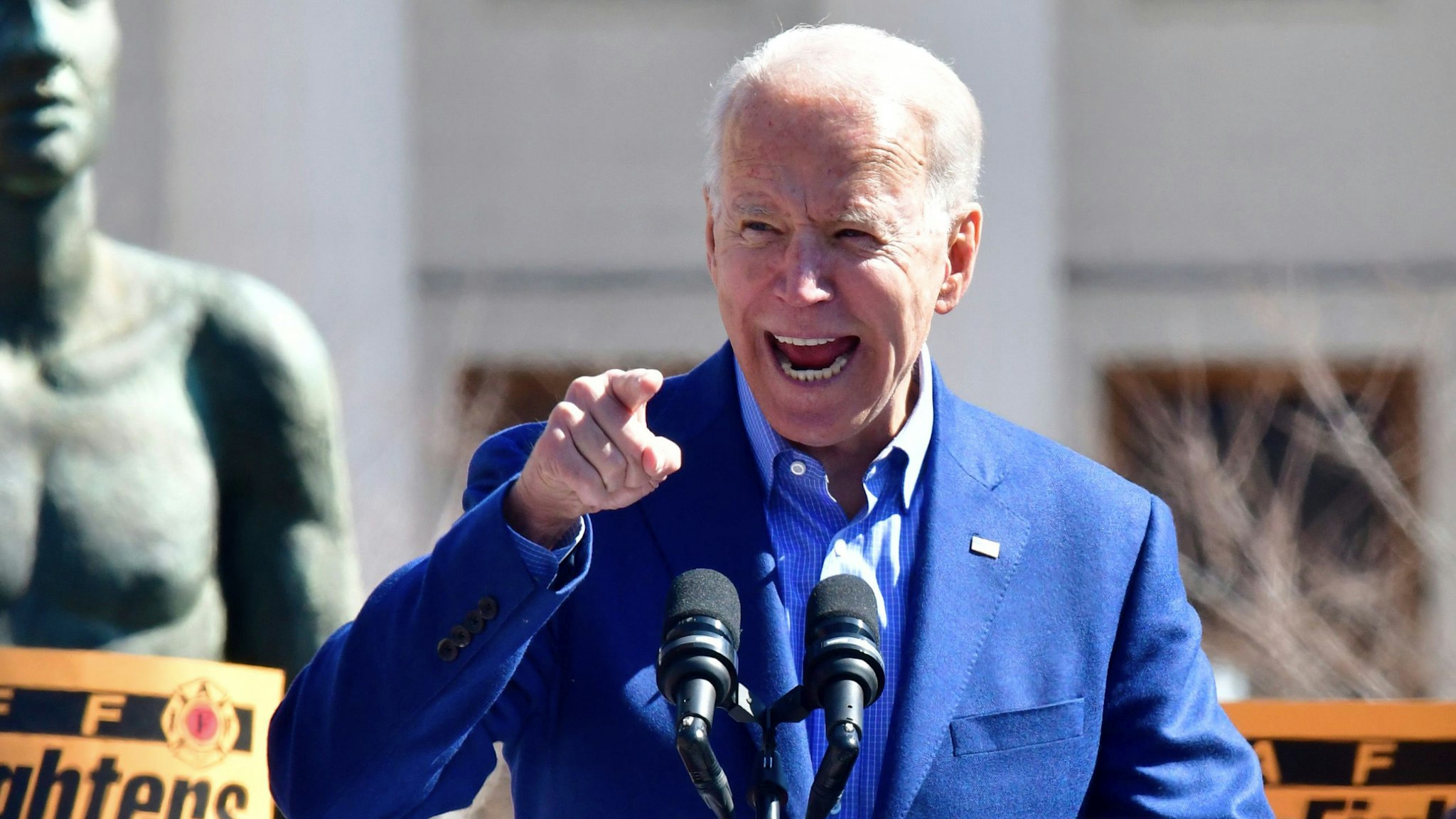 Democratic presidential candidate Joe Biden speaks during a campaign rally at Kiener Plaza Park in St. Louis, Missouri on March 7, 2020.