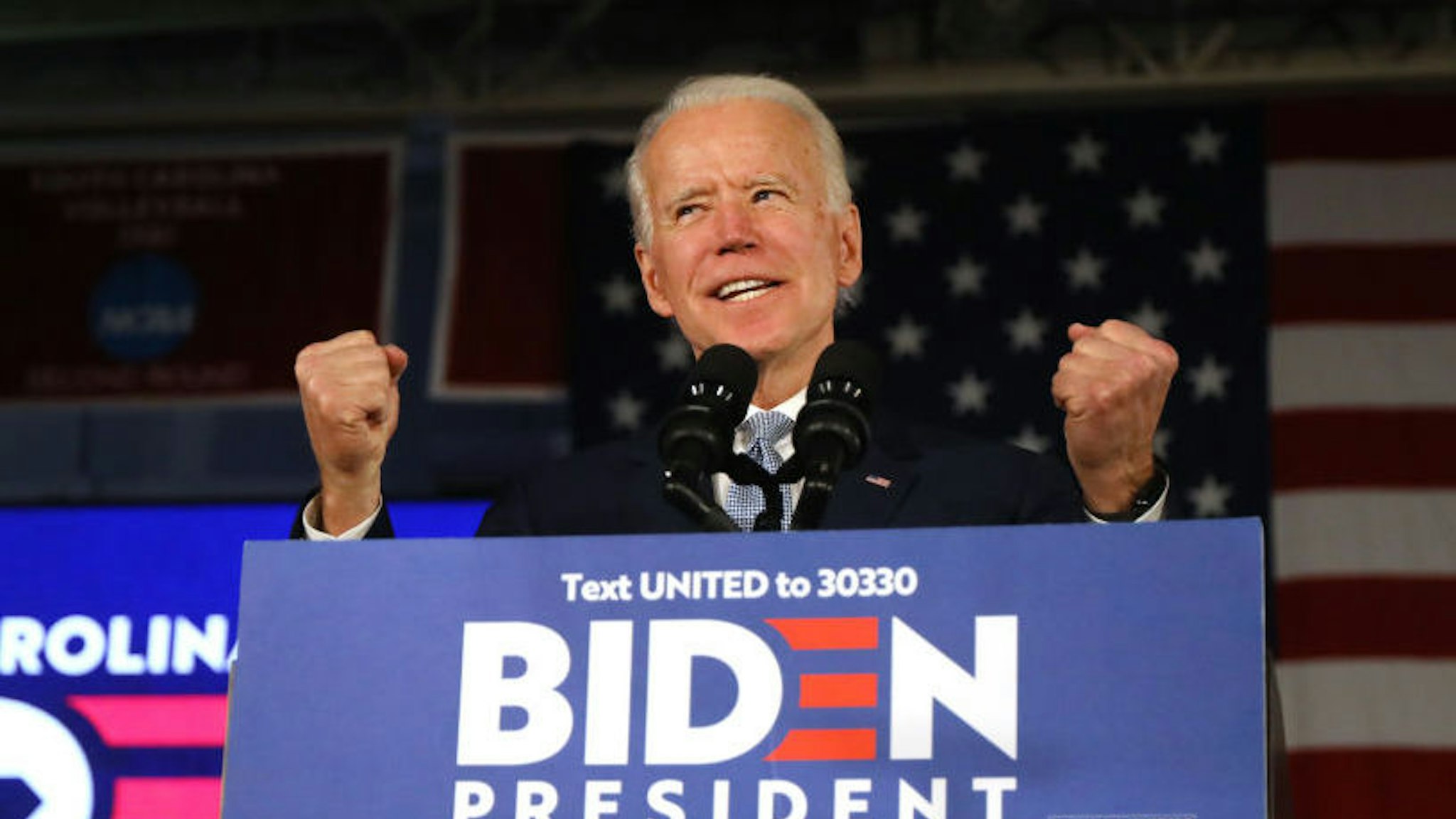 COLUMBIA, SOUTH CAROLINA - FEBRUARY 29: Democratic presidential candidate former Vice President Joe Biden reacts on stage with his wife Jill Biden after declaring victory in the South Carolina presidential primary on February 29, 2020 in Columbia, South Carolina. South Carolina is the first-in-the-south primary and the fourth state in the presidential nominating process.