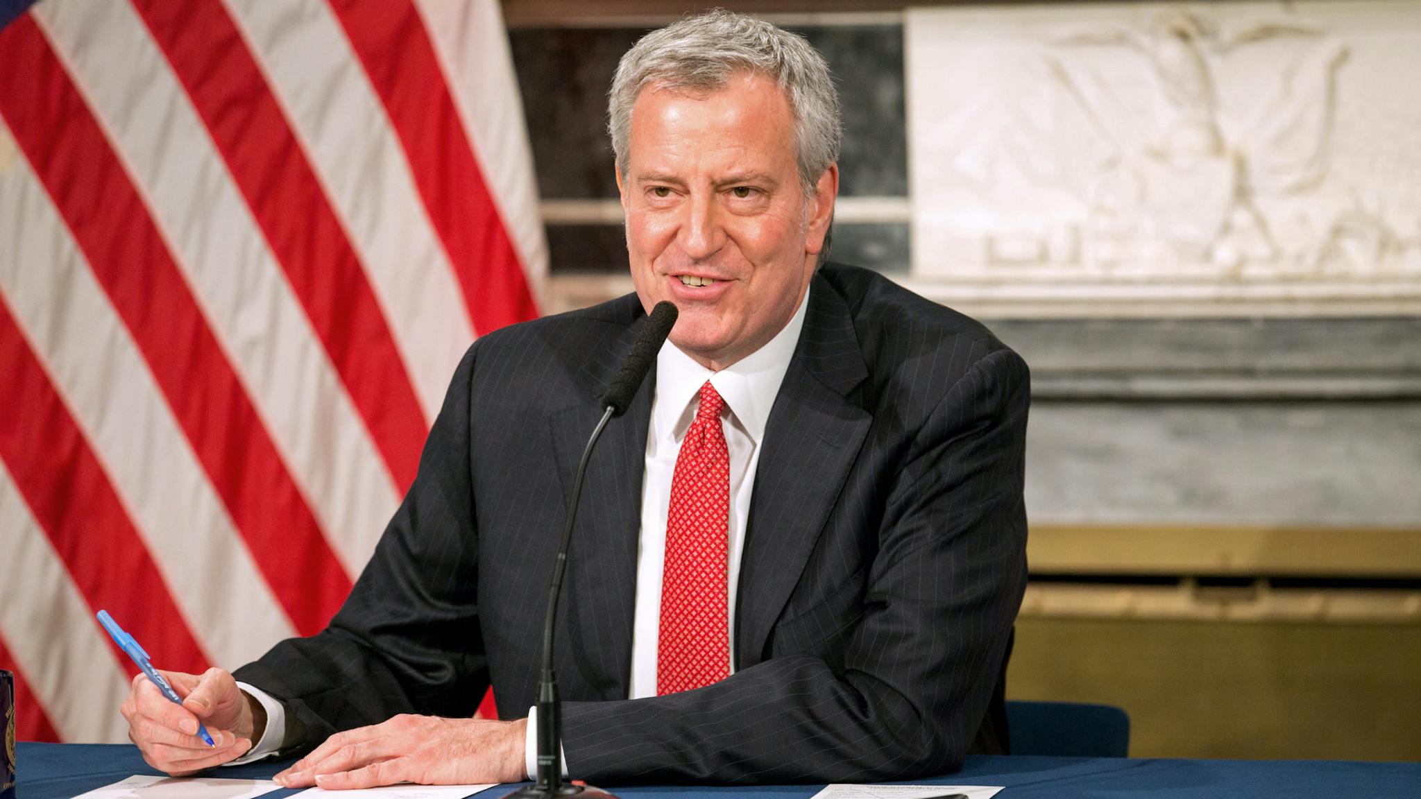 New York Mayor Bill De Blasio Holds Press Conference On Coronavirus Response NEW YORK, NY - MARCH 19: Mayor Bill De Blasio speaks during a video press conference on the city's response to the coronavirus (COVID-19) outbreak held at City Hall on March 19, 2020 in New York City. Reporters participated via WebEx and the event was streamed live by local media.