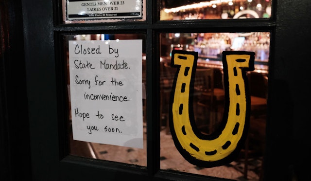 A restaurant sits closed in the early evening in Brooklyn after a decree that all bars and restaurants shutdown by 8 pm in New York City as much of the nation slows and takes extra precautions due to the continued spreading of the coronavirus on March 16, 2020 in New York City, United States. Across the country schools, businesses and places of work have either been shut down or are restricting hours of operation as Americans try to slow the spread of COVID-19. (Photo by Spencer Platt/Getty Images)
