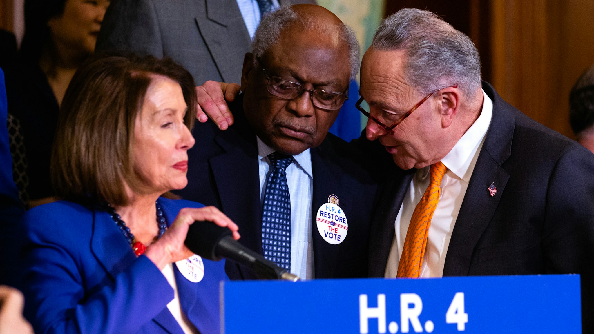 House Majority Whip James Clyburn (D-SC), (C), and Senate Minority Leader Sen. Chuck Schumer (D-NY), (R), speak before a news conference to introduce H.R. 4, Voting Rights Advancement Act, on Capitol Hill in Washington, DC, on Tuesday, Feb. 26, 2019.