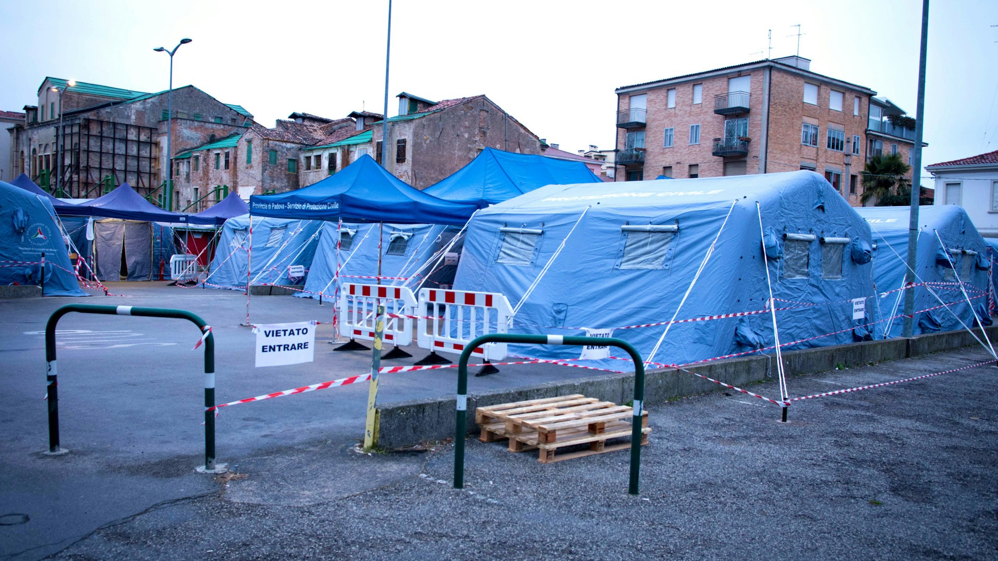 A view of tents near the Padua Hospital that will be used for patients hits by Coronavirus (Covid-19), in Padova, Italy, on March 7, 2020. The tents will be used for control swabs and checks on people who present themselves, with the aim of relieving, at least in part, the pressure on internal hospital structures, avoiding clogging up the emergency rooms and Infectious diseases for activities not directly related to their specificities.