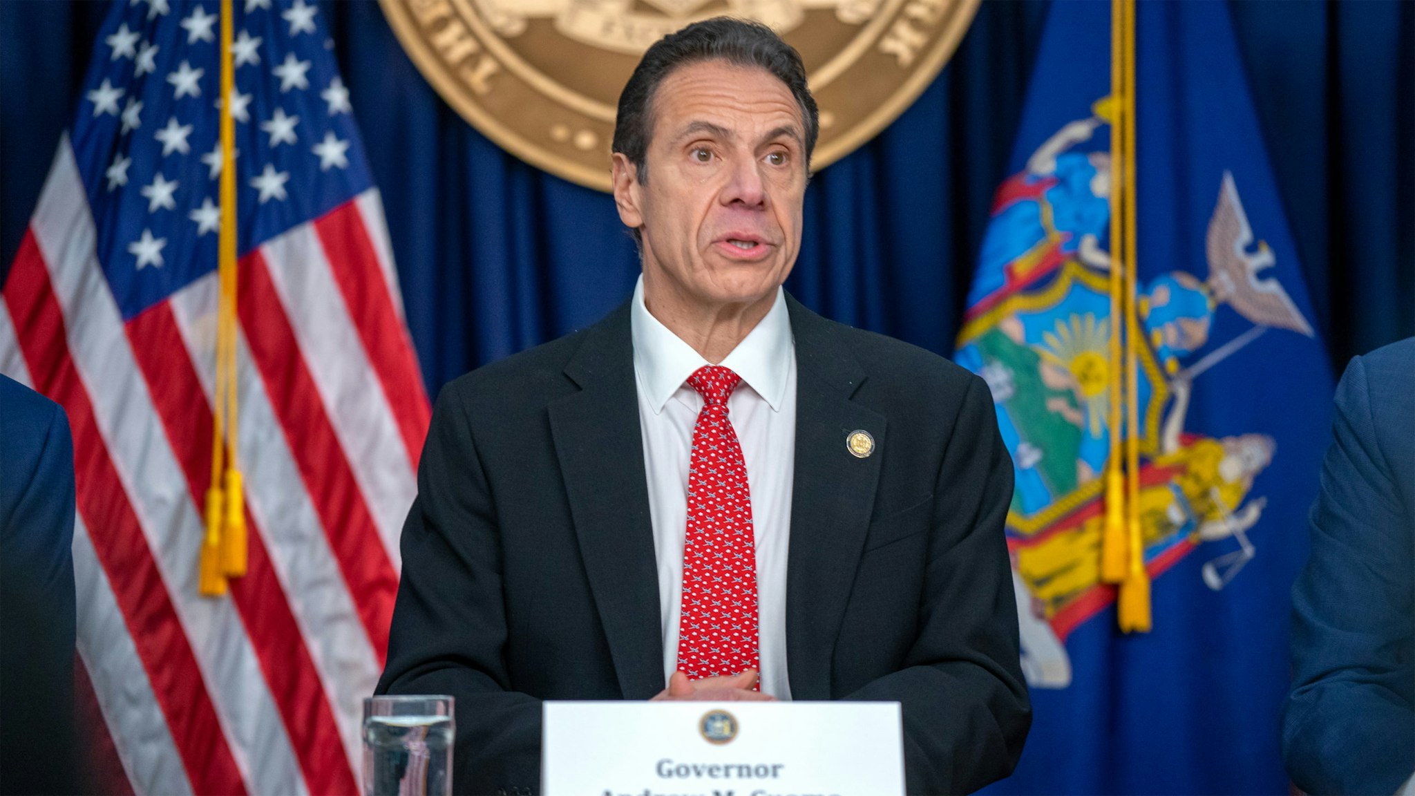 NEW YORK, NY - MARCH 2: New York state Gov. Andrew Cuomo speaks during a news conference on the first confirmed case of COVID-19 in New York on March 2, 2020 in New York City. A female health worker in her 30s who had traveled in Iran contracted the virus and is now isolated at home with symptoms of COVID-19, but is not in serious condition. Cuomo said in a statement that the patient "has been in a controlled situation since arriving to New York."