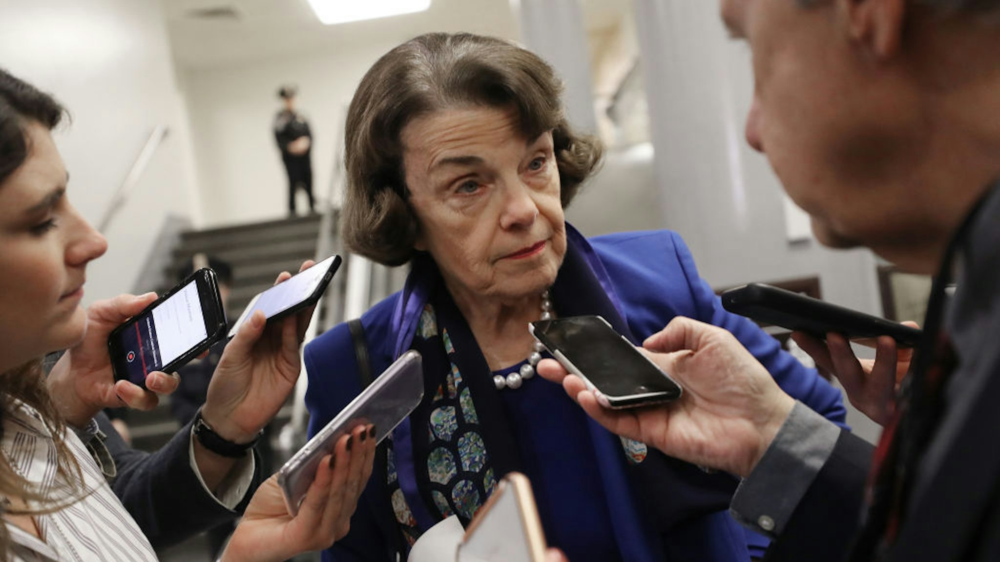Sen. Dianne Feinstein (D-CA) speaks to reporters while departing the U.S. Capitol after the Senate impeachment trial adjourned for the day on January 28, 2020 in Washington, DC. President Donald Trump's legal defense team concluded their arguments today and will begin answering written questions from Senators on Wednesday. (Photo by Mario Tama/Getty Images)