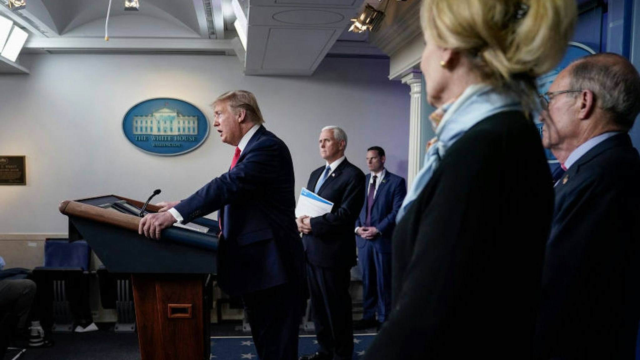 U.S. President Donald Trump speaks during a briefing on the coronavirus pandemic, in the press briefing room of the White House on March 24, 2020 in Washington, DC. Cases of COVID-19 continue to rise in the United States, with New York’s case count doubling every three days according to governor Andrew Cuomo. (Photo by Drew Angerer/Getty Images)