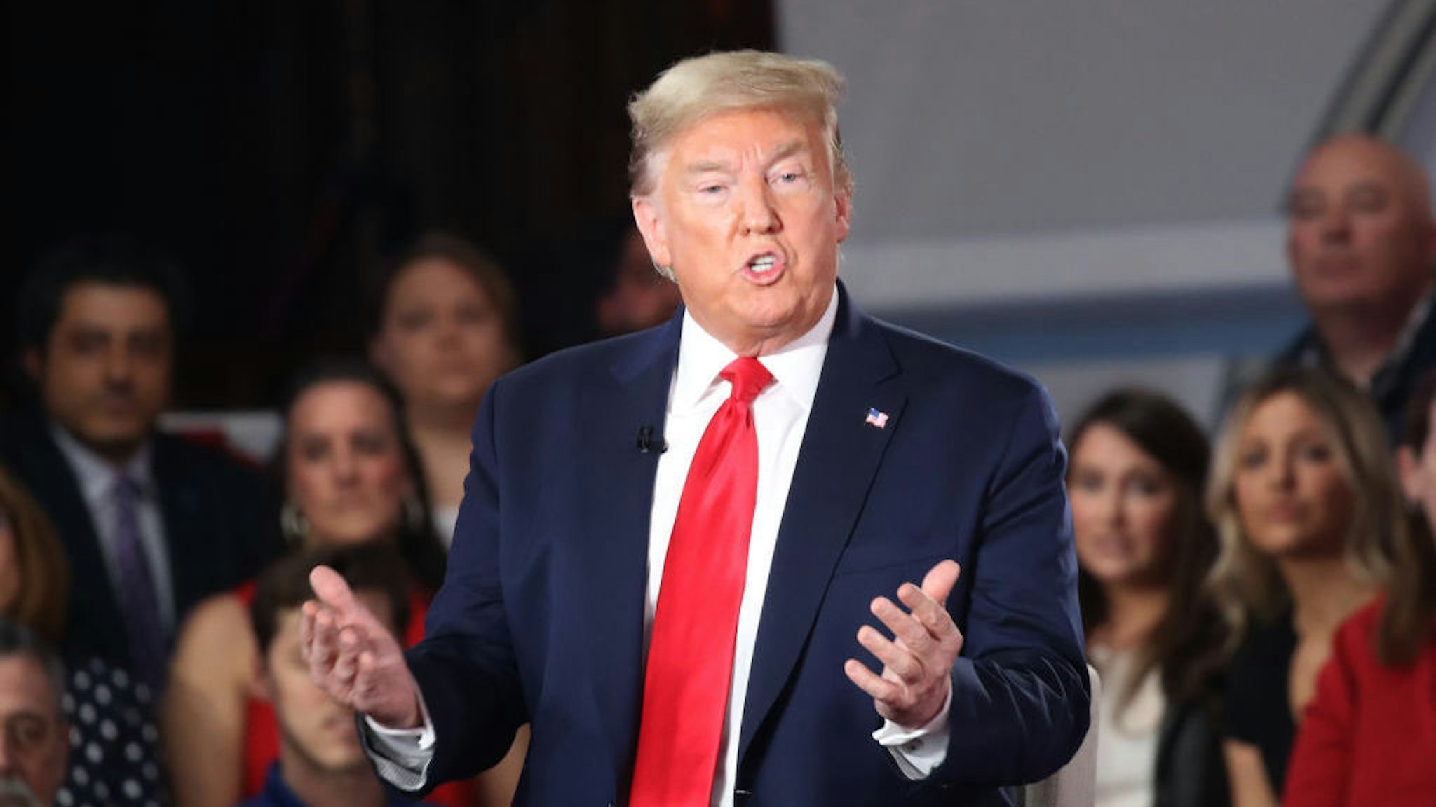 President Donald Trump participates in a Fox News Town Hall event on March 05, 2020 in Scranton, Pennsylvania. Among other topics, President Trump discussed his administration's response to the Coronavirus and the economy. (Photo by Spencer Platt/Getty Images)