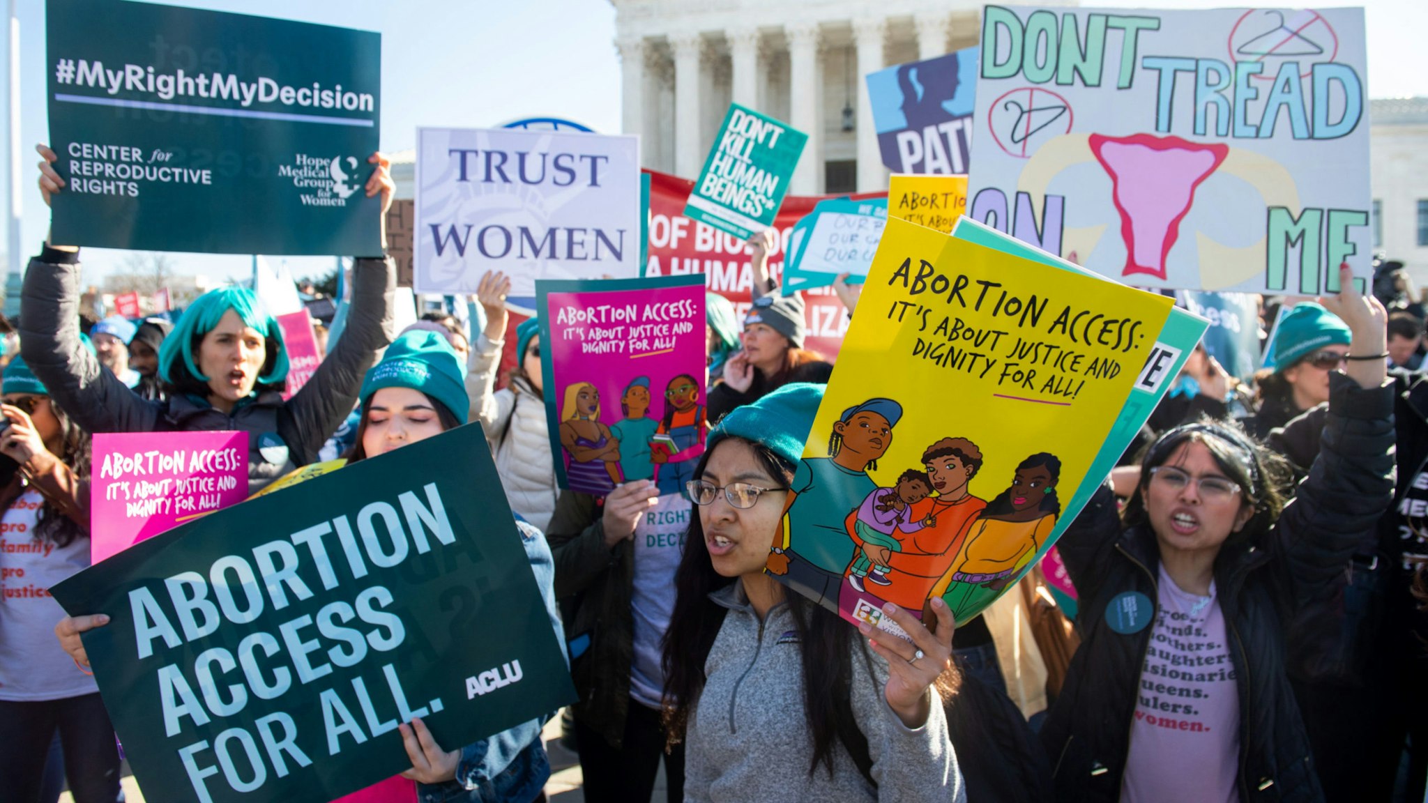 Pro-choice activists supporting legal access to abortion protest during a demonstration outside the US Supreme Court in Washington, DC, March 4, 2020, as the Court hears oral arguments regarding a Louisiana law about abortion access in the first major abortion case in years.