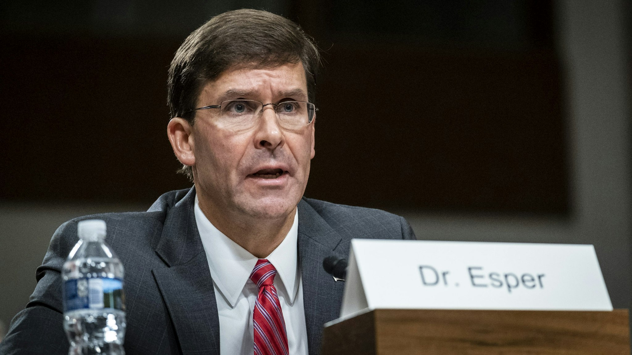 WASHINGTON, DC - JULY 16: Secretary of Defense nominee, Mark Esper, testifies before the Senate Armed Services Committee during his confirmation hearing on July 16, 2019 in Washington, DC. Esper has been Acting Secretary of Defense since Patrick Shanahan stepped down due to revelations about his past.