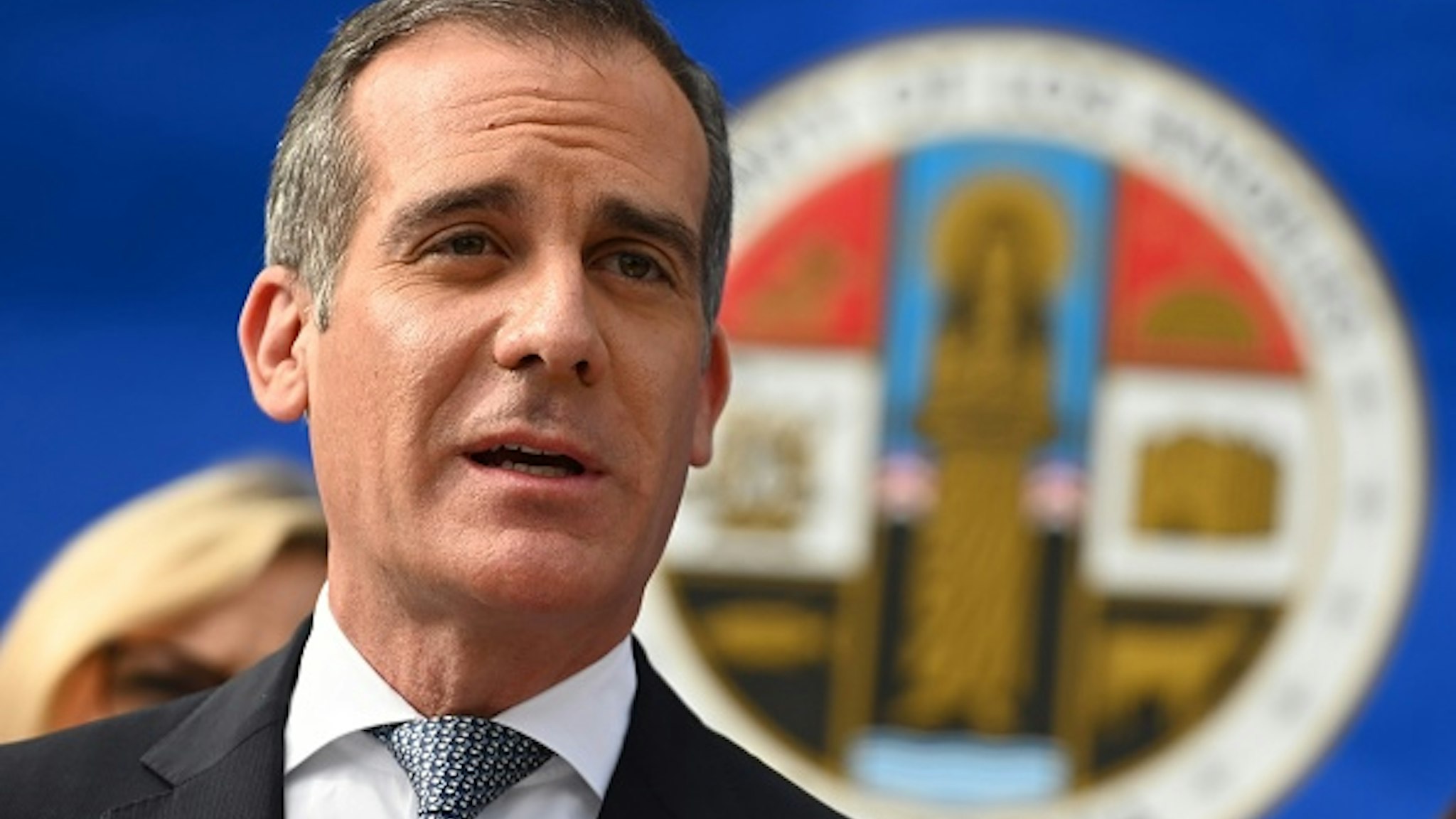 Los Angeles Mayor Eric Garcetti speaks at a Los Angeles County Health Department press conference on the novel coronavirus, (COVID-19)on March 4, 2020 in Los Angeles, California. - Stressing that they were acting out of "an abundance of caution" Los Angeles County officials today declared a state of emergency for the novel coronavirus, as six new cases of the disease were revealed in the county in the last 48 hours.