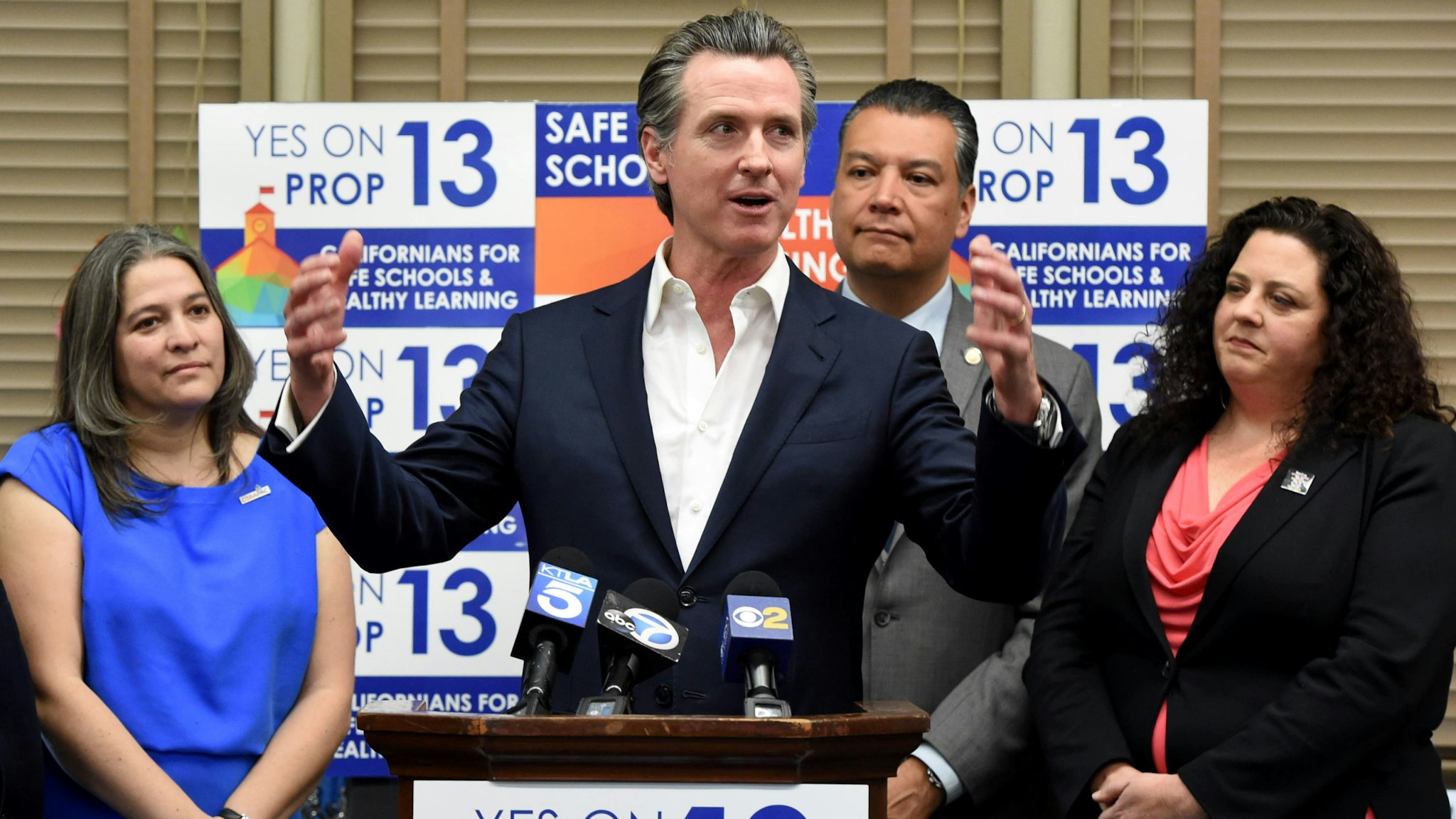 LONG BEACH, CA - FEBRUARY 28: California Governor Gavin Newsom, toured Mark Twain Elementary School before holding a press conference to promote support for Proposition 13, the historic school facilities bond, in Long Beach on Friday, February 28, 2020.