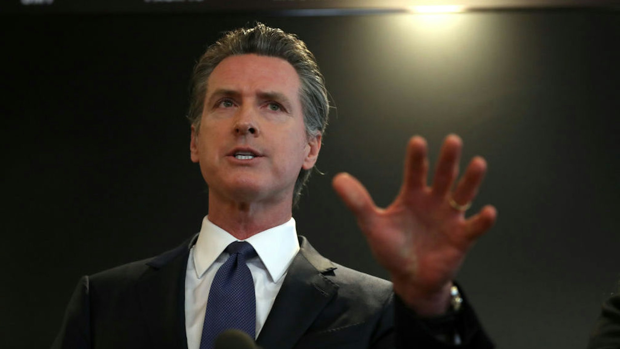 California Gov. Gavin Newsom speaks during a news conference at the California Department of Public Health on February 27, 2020 in Sacramento, California. California Gov. Gavin Newsom joined State health officials to an update to the public about the state's response to the Coronavirus known as COVID-19 a day after a possible first case of person-to-person transmission was reported in Northern California. (Photo by Justin Sullivan/Getty Images)