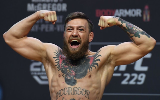 Conor McGregor poses during a ceremonial weigh-in for UFC 229 at T-Mobile Arena on October 05, 2018 in Las Vegas, Nevada.