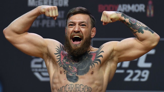 Conor McGregor poses during a ceremonial weigh-in for UFC 229 at T-Mobile Arena on October 05, 2018 in Las Vegas, Nevada.