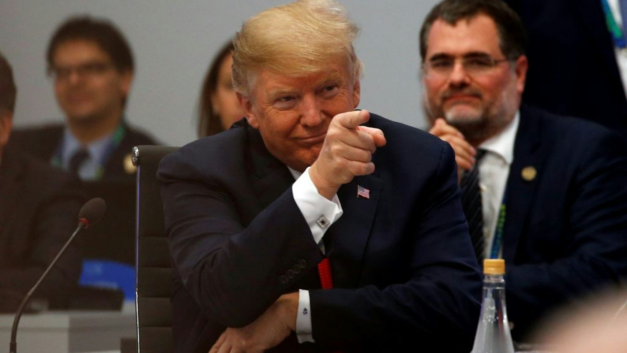 U.S. President Donald Trump points a finger during a special session entitled 'Fair And Sustainable Future' as part of G20 Leaders Summit in Buenos Aires, Argentina on November 30, 2018.