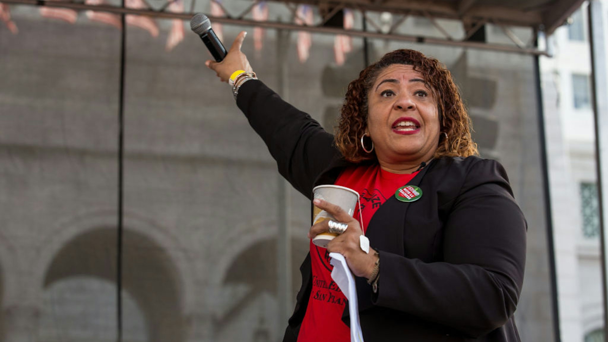 Cecily Myart-Cruz, vice president of United Teachers Los Angeles (UTLA), speaks to demonstrators during a teachers strike in Los Angeles, California, U.S., on Friday, Jan. 18, 2019.