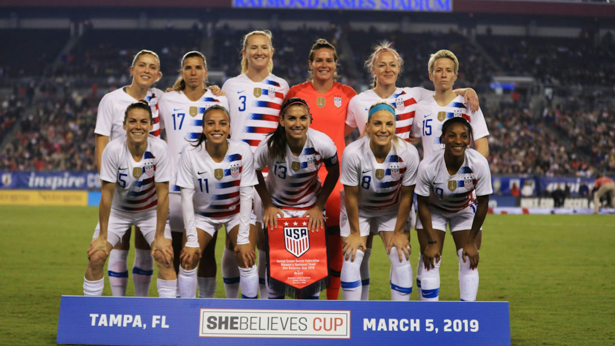 The USA Women's National team poses before a game against Brazil during the She Believes Cup at Raymond James Stadium on March 05, 2019 in Tampa, Florida.