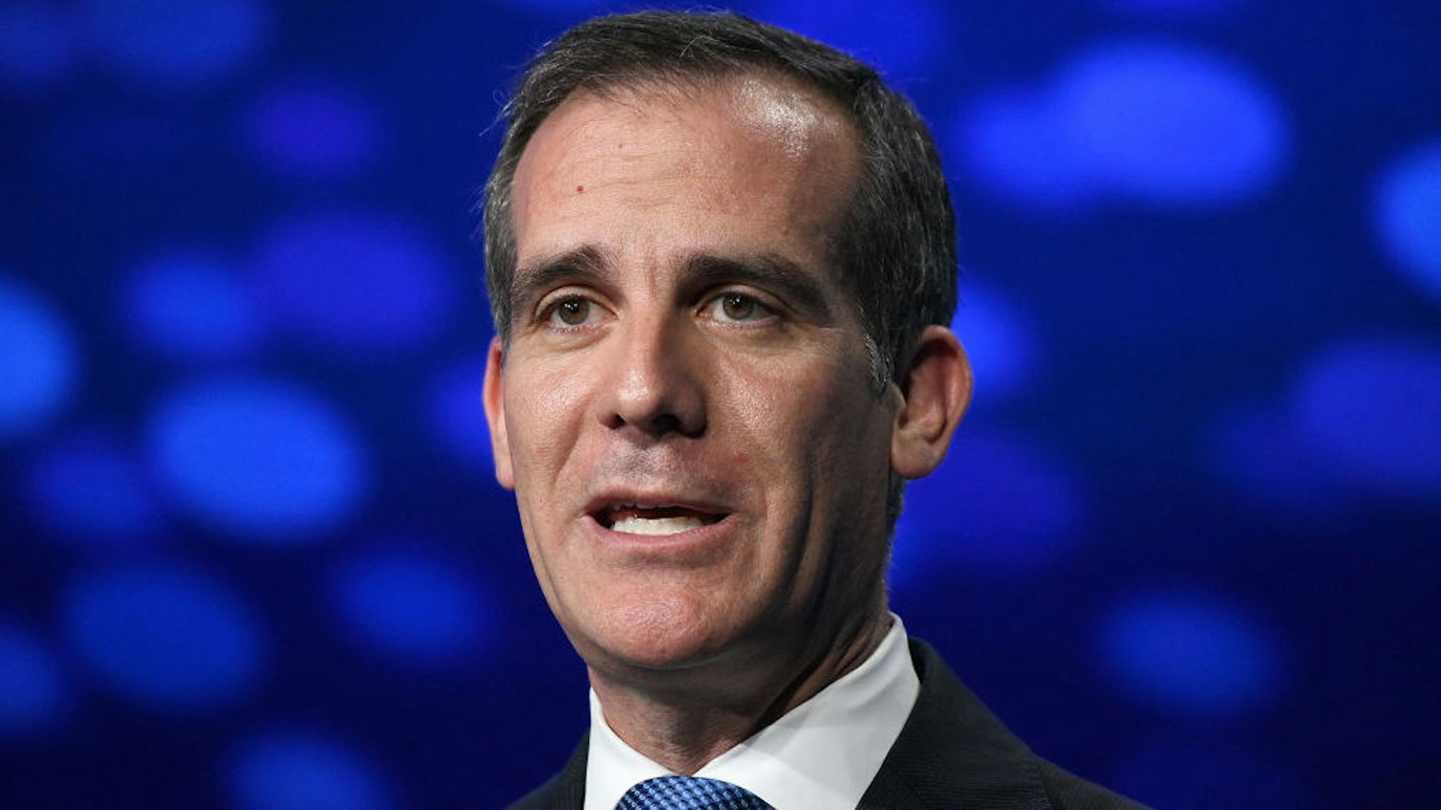 Eric Garcetti, Mayor of Los Angeles, presents onstage during the annual Milken Institute Global Conference at The Beverly Hilton Hotel on April 29, 2019 in Beverly Hills, California.