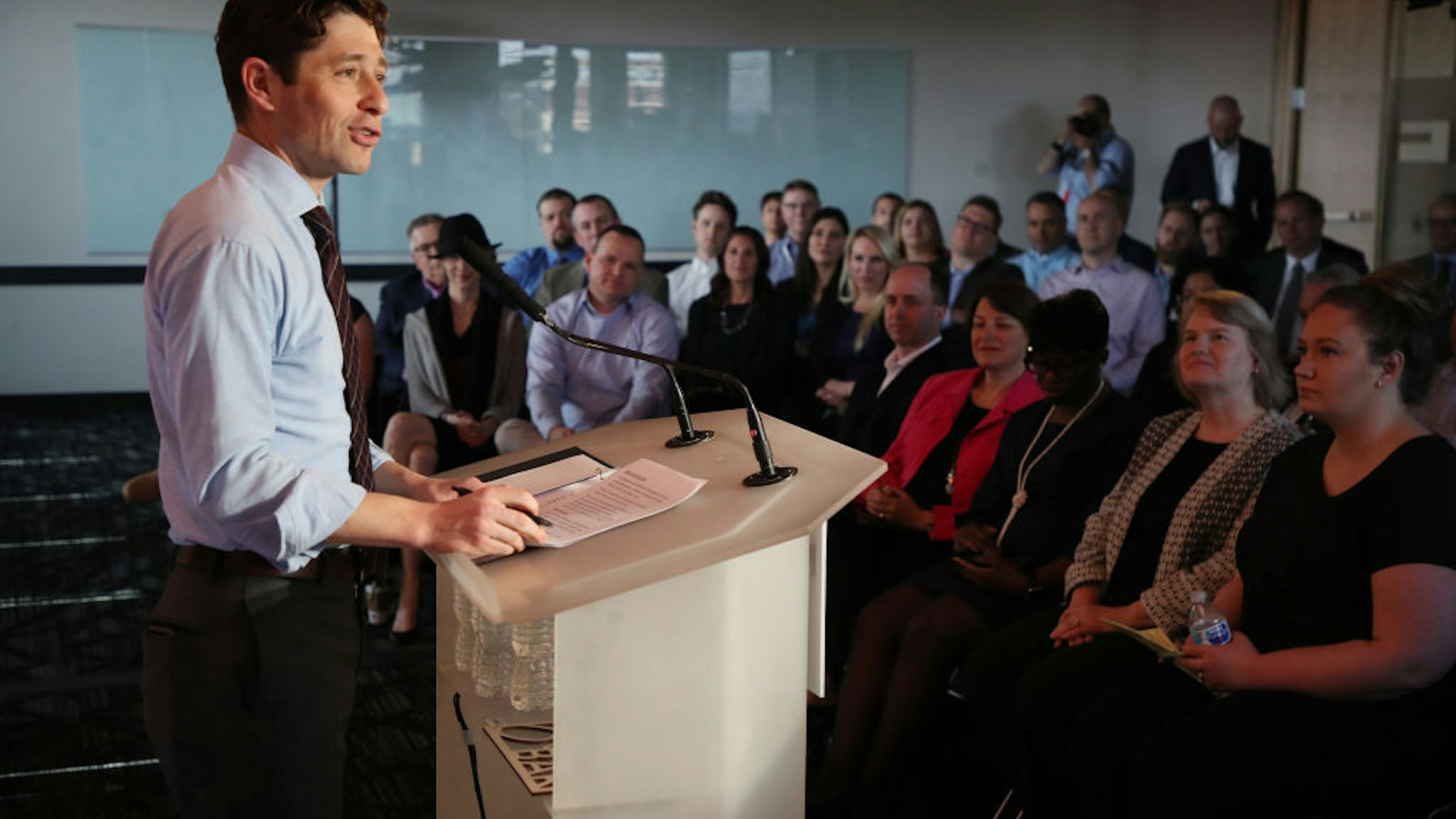 Jacob Frey, Mayor of Minneapolis spoke during a press conference at Amazon North Loop tech office Wednesday May 2, 2018.